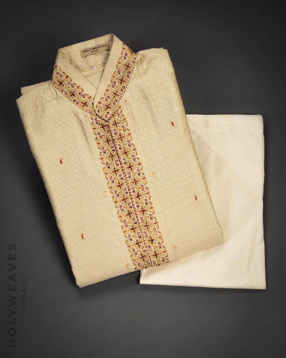 Cream Banarasi Hand embroidered Cotton Silk Mens Kurta Pyjama