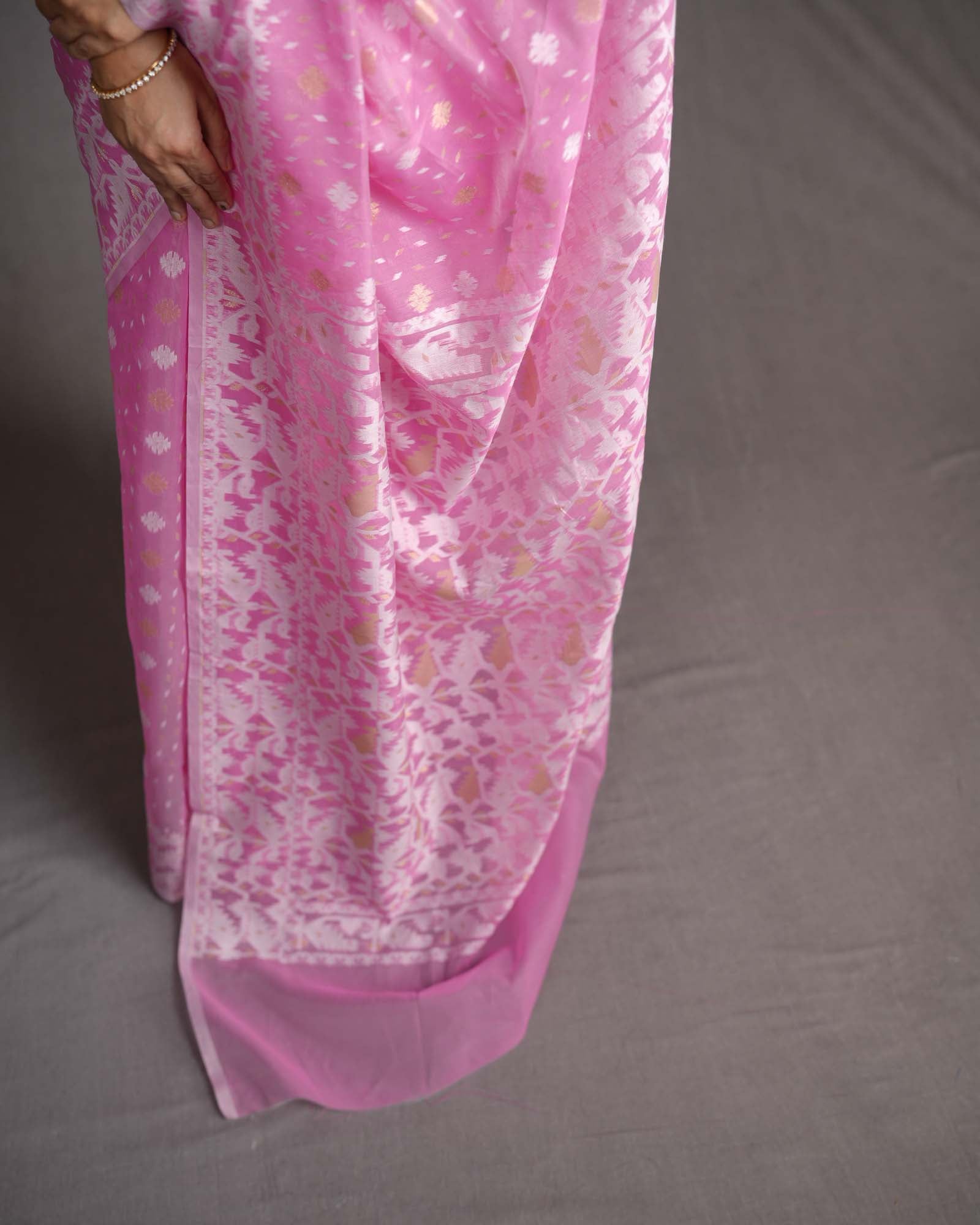 Pink Alfi Banarasi Dhakai Buti Alfi Cutwork Brocade Woven Cotton Silk Saree-HolyWeaves