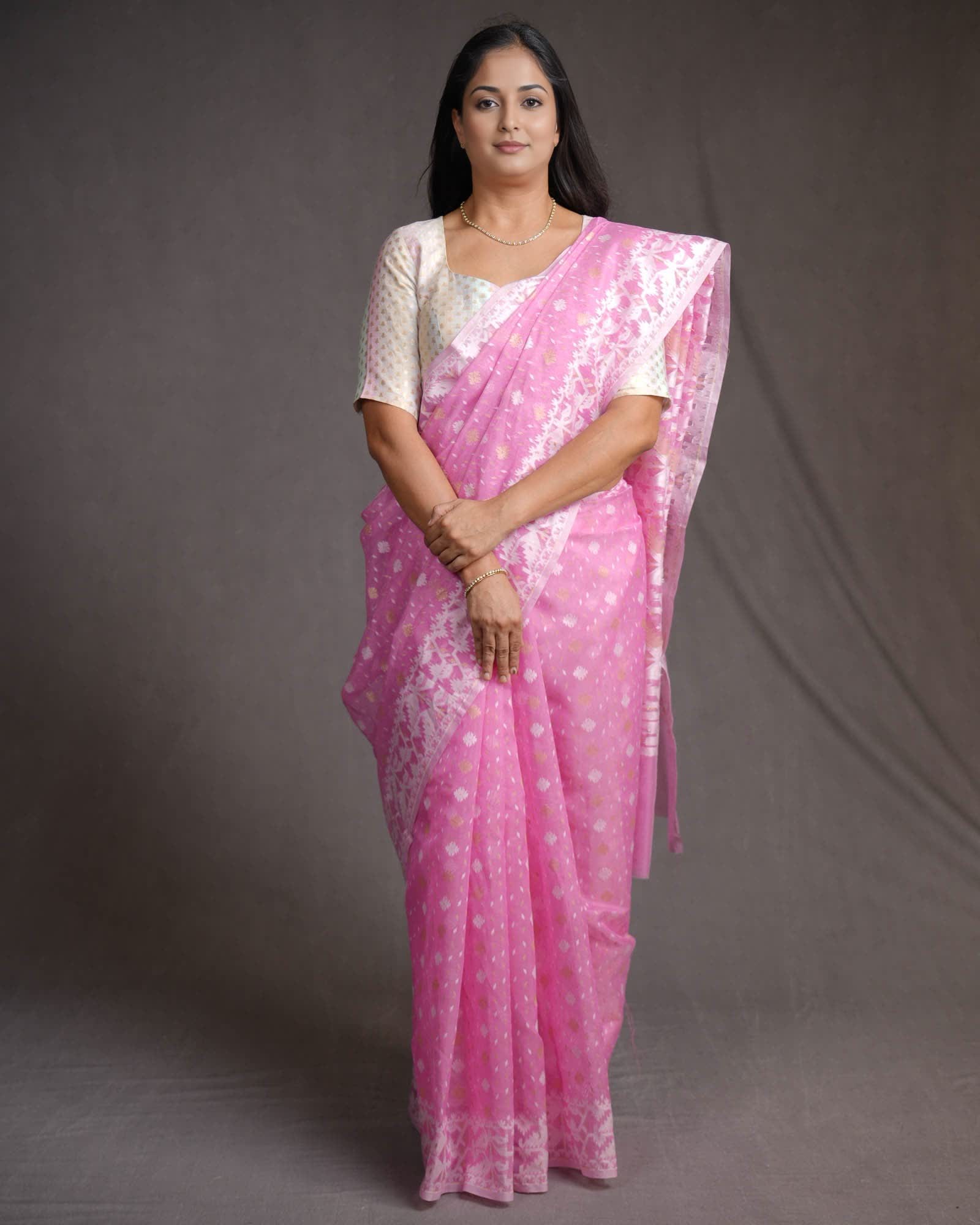 Pink Alfi Banarasi Dhakai Buti Alfi Cutwork Brocade Woven Cotton Silk Saree-HolyWeaves