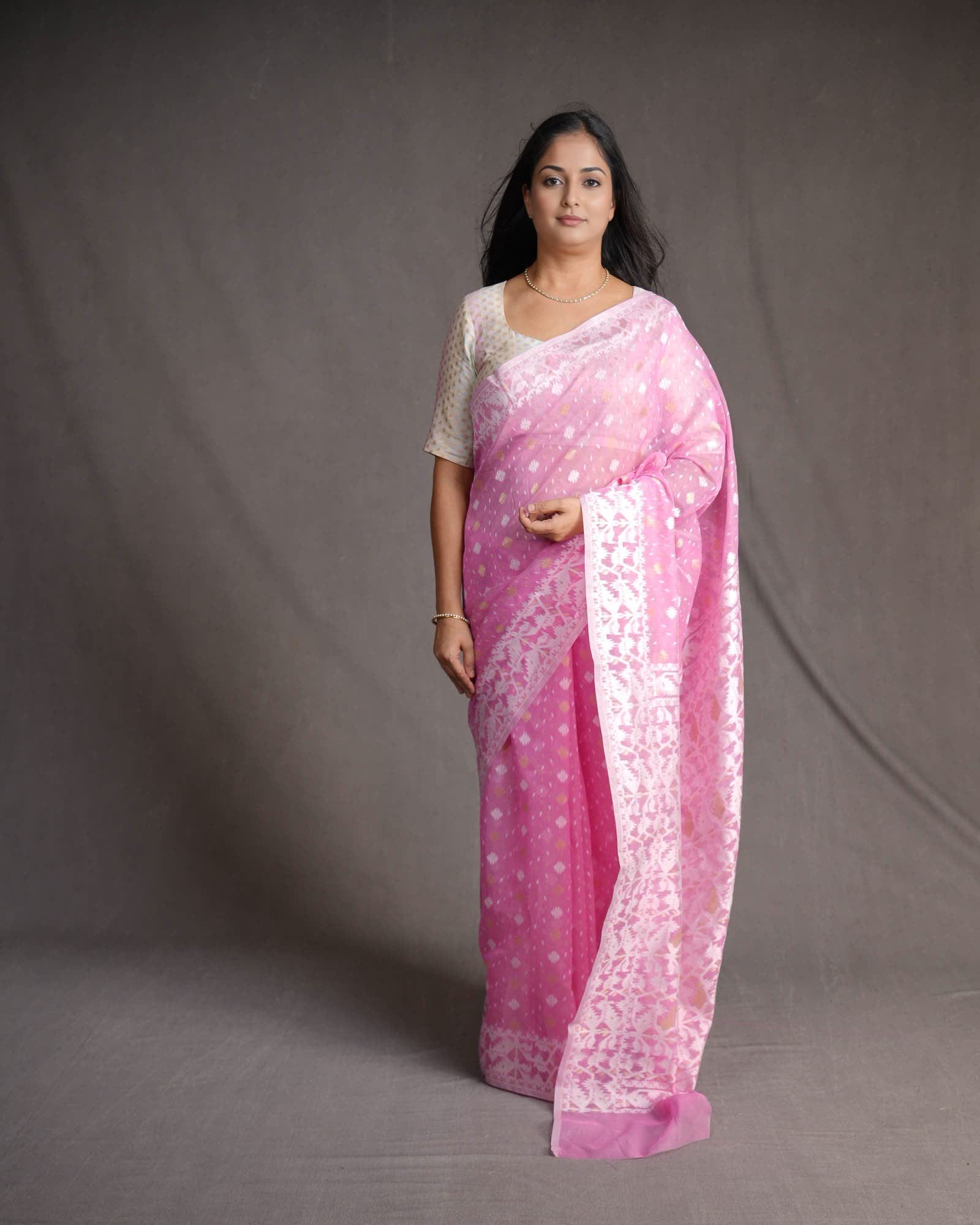 Pink Alfi Banarasi Dhakai Buti Alfi Cutwork Brocade Woven Cotton Silk Saree-HolyWeaves