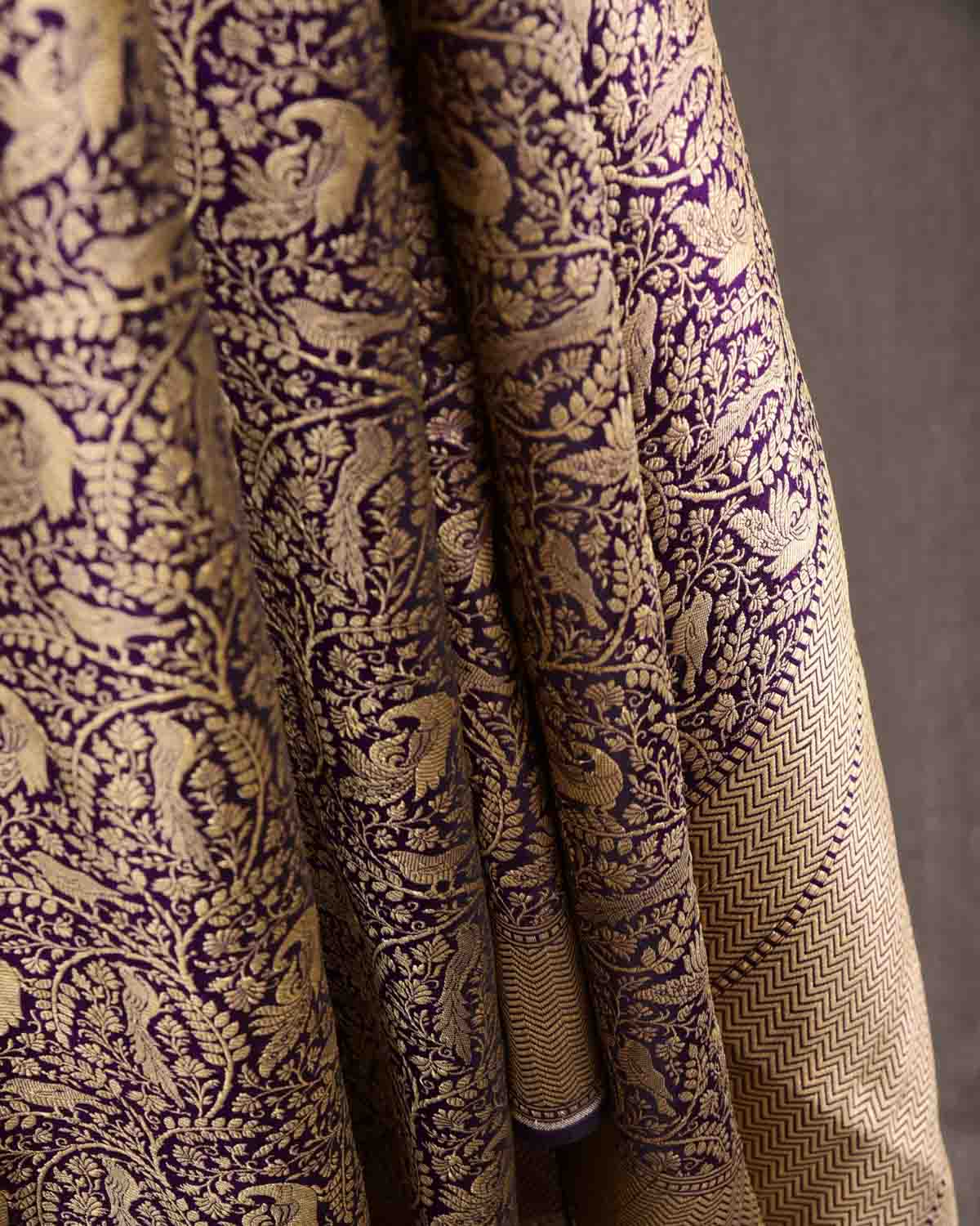 Midnight Purple Banarasi Peacock & Sparrow Shikargah Brocade Handwoven Katan Silk Dupatta-HolyWeaves