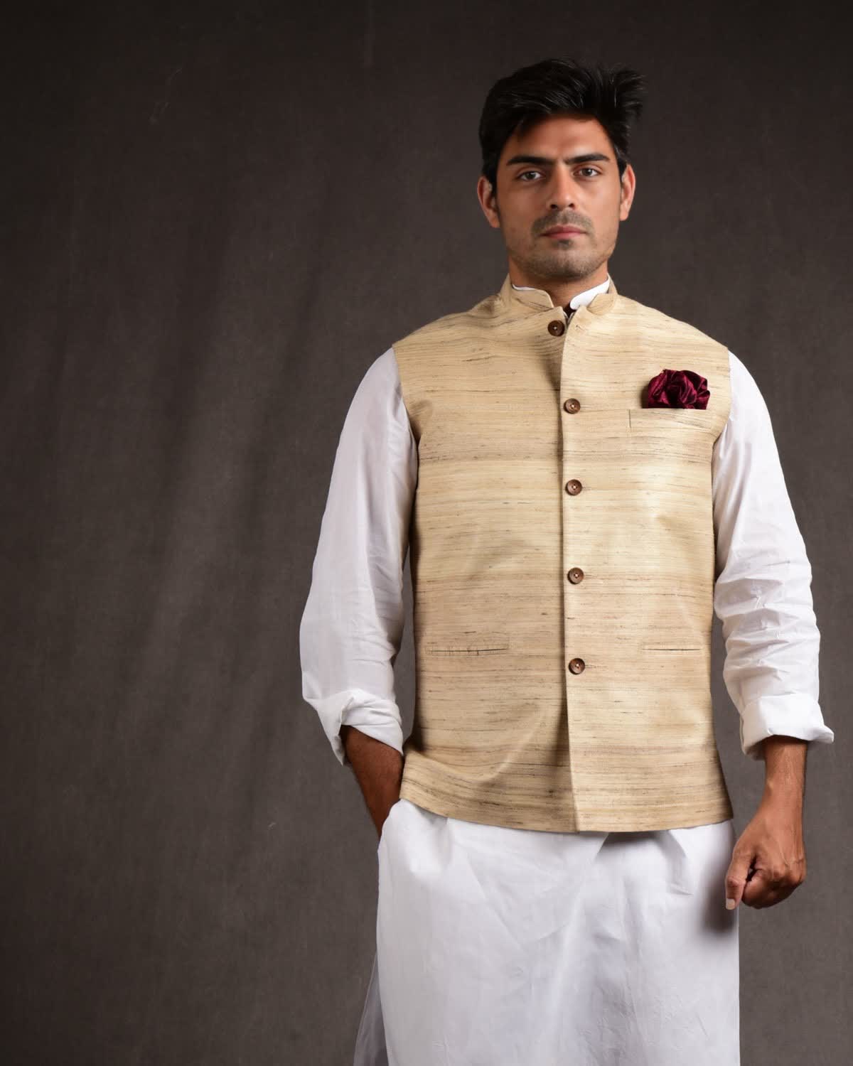 Beige Banarasi Textured Khichha Handwoven Tasar Silk Mens Modi Jacket-HolyWeaves