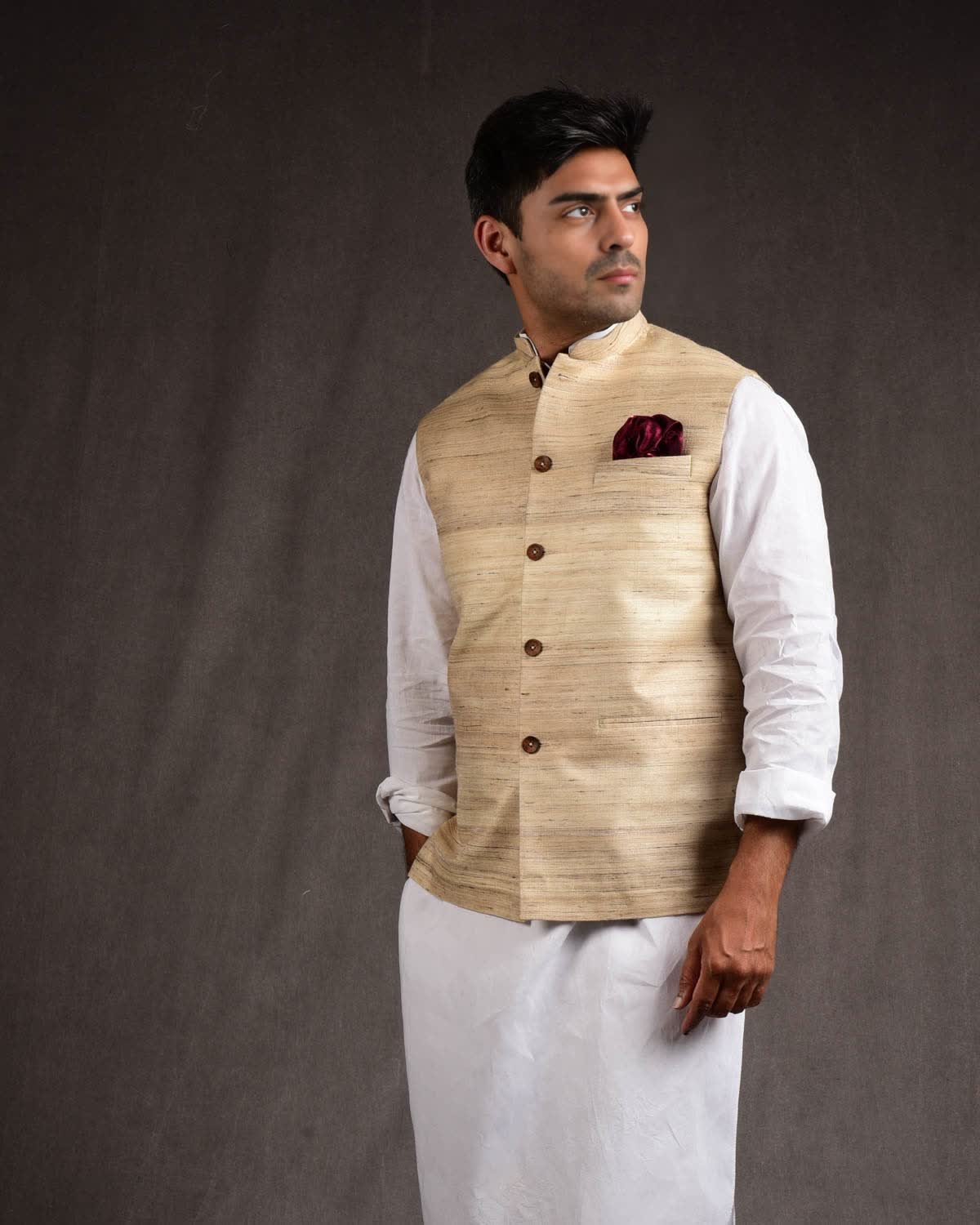 Beige Banarasi Textured Khichha Handwoven Tasar Silk Mens Modi Jacket-HolyWeaves