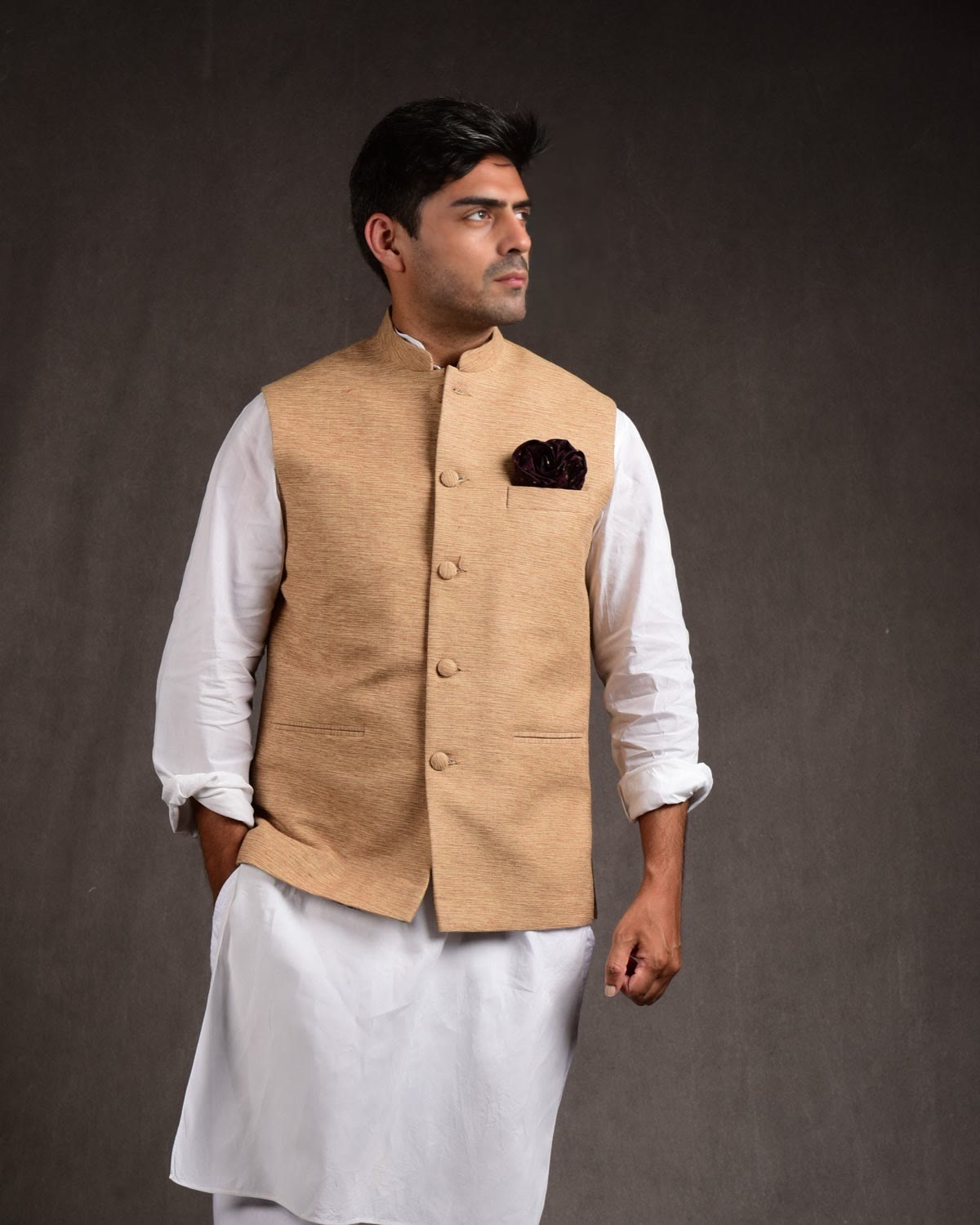 Beige Banarasi Handwoven Raw Silk Mens Modi Jacket-HolyWeaves
