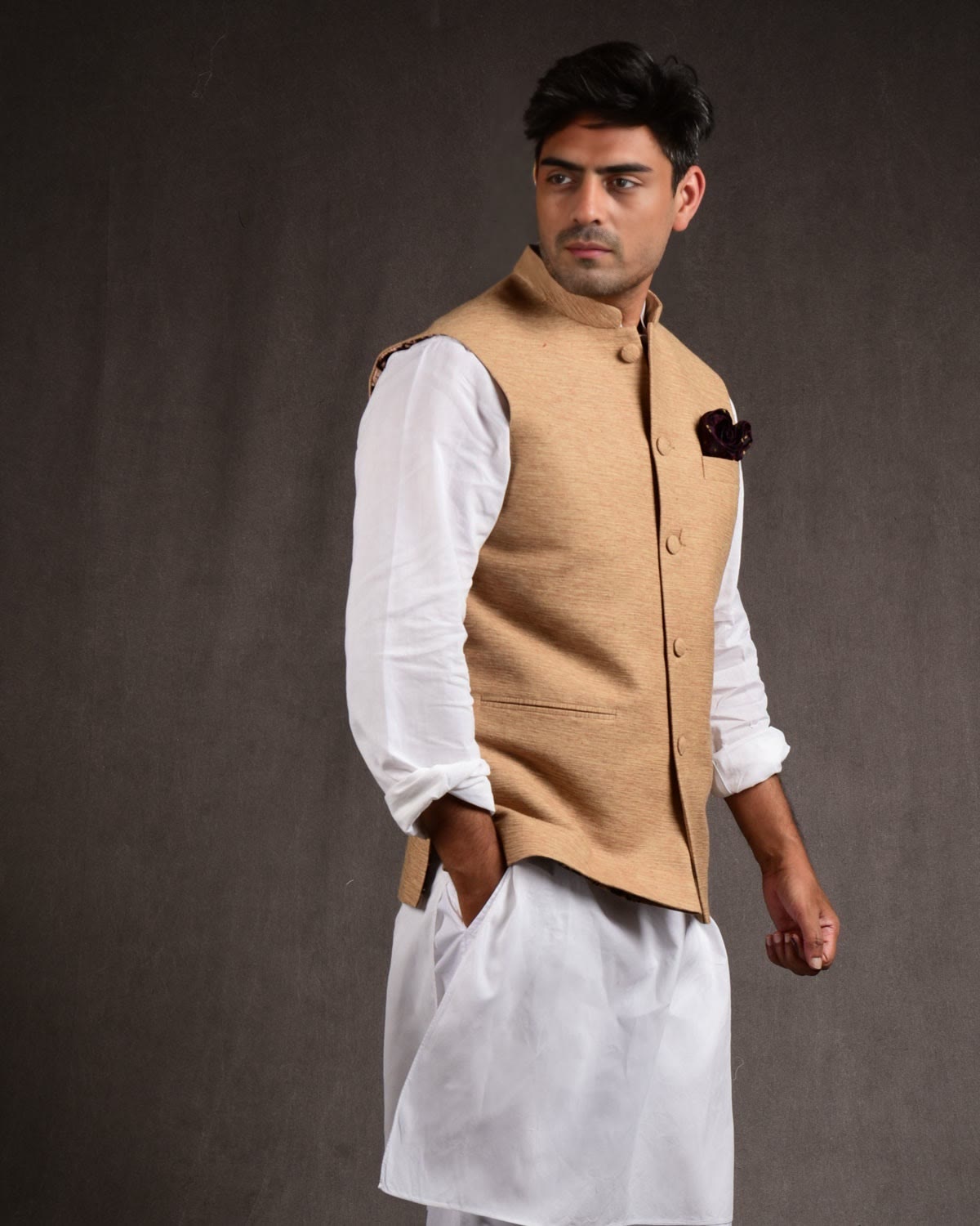 Beige Banarasi Handwoven Raw Silk Mens Modi Jacket-HolyWeaves