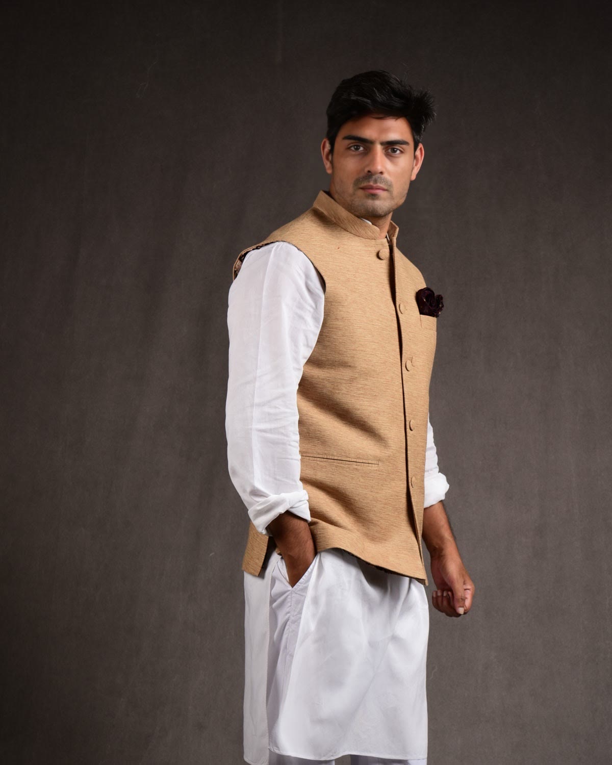 Beige Banarasi Handwoven Raw Silk Mens Modi Jacket-HolyWeaves