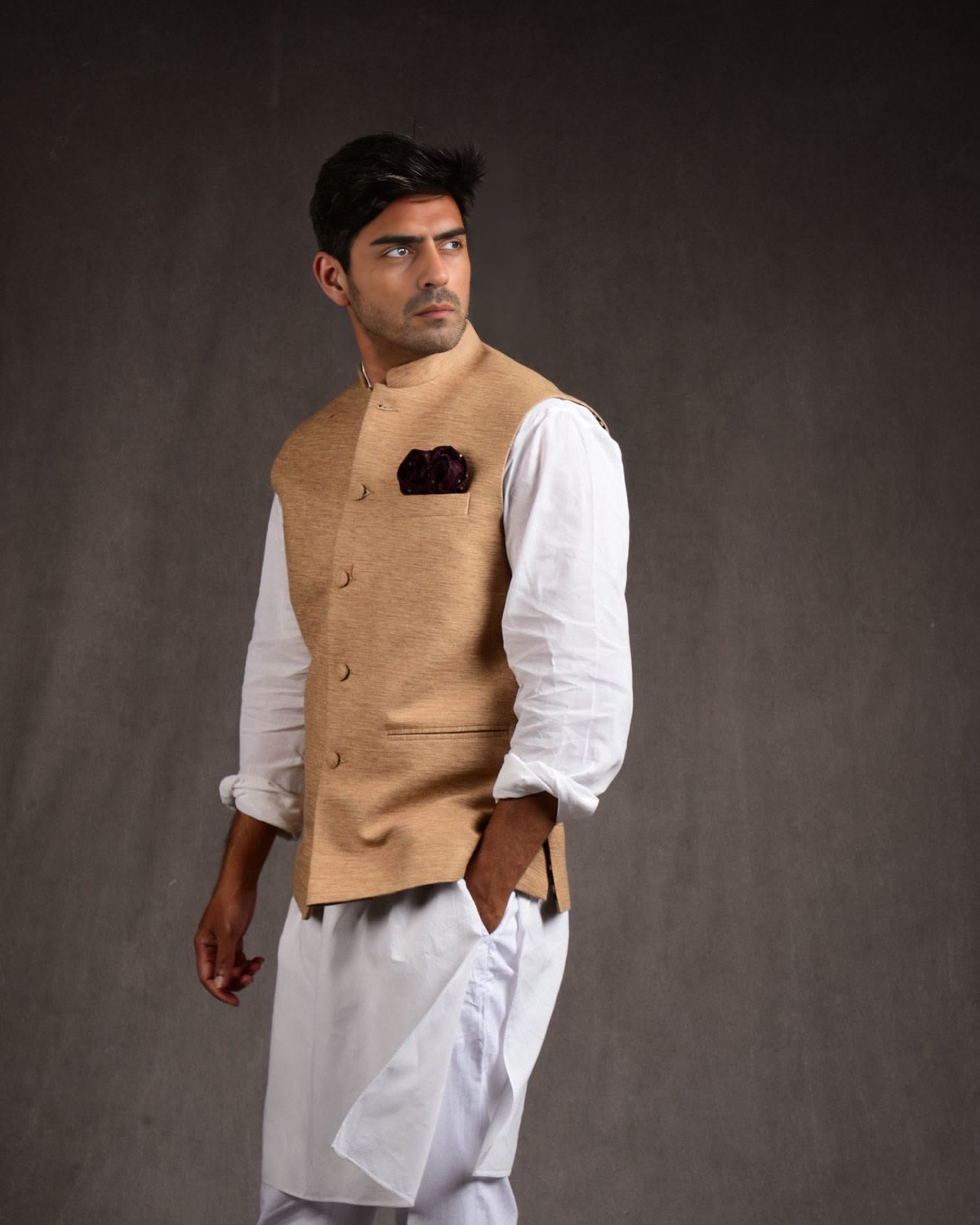 Beige Banarasi Handwoven Raw Silk Mens Modi Jacket-HolyWeaves