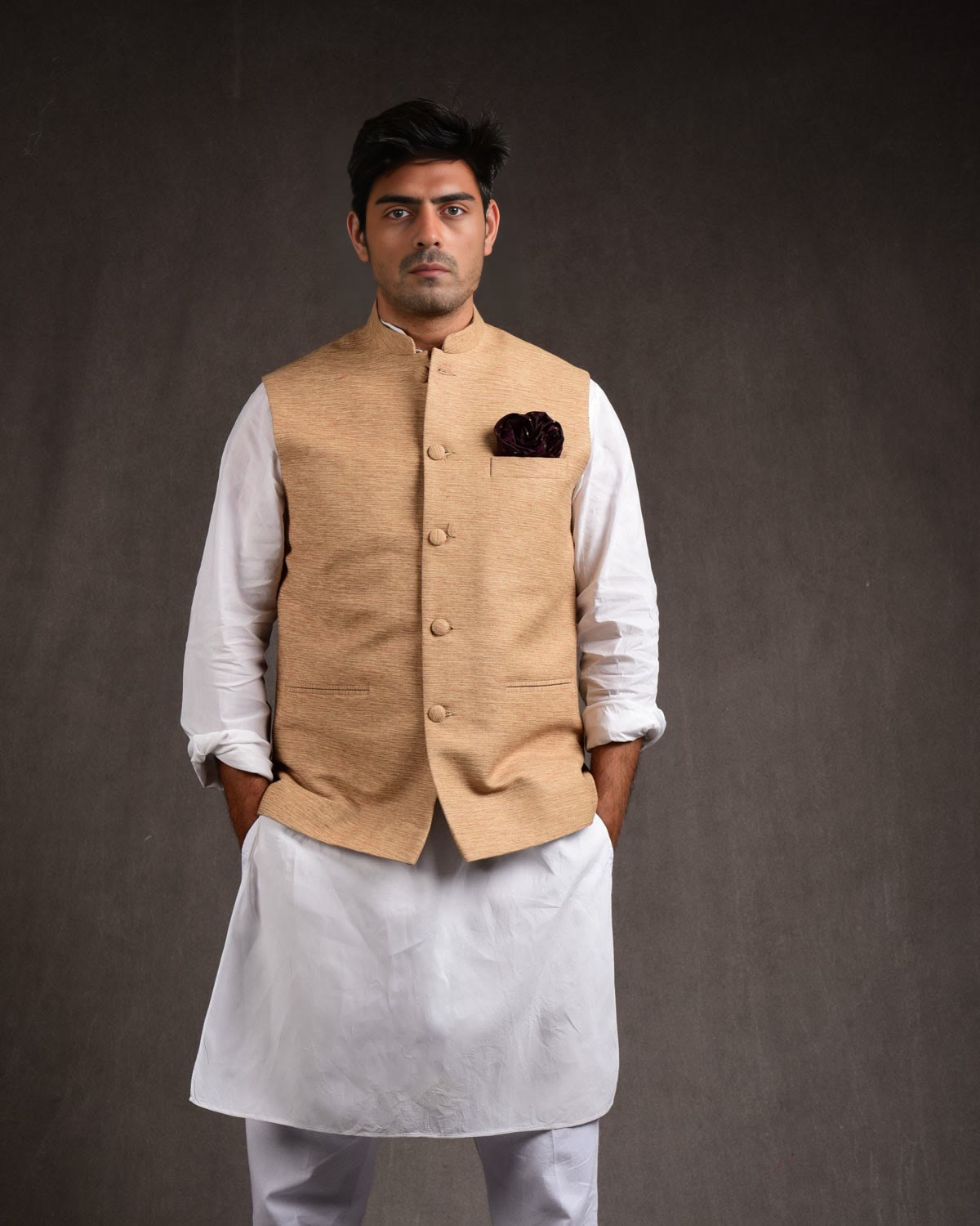 Beige Banarasi Handwoven Raw Silk Mens Modi Jacket-HolyWeaves