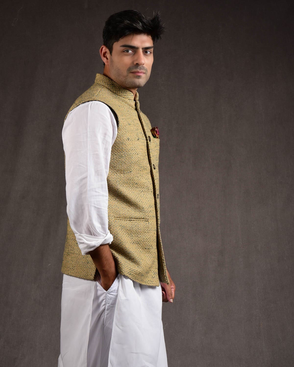 Beige Banarasi Handwoven Jute Cotton Slim Fit Mens Modi Jacket-HolyWeaves