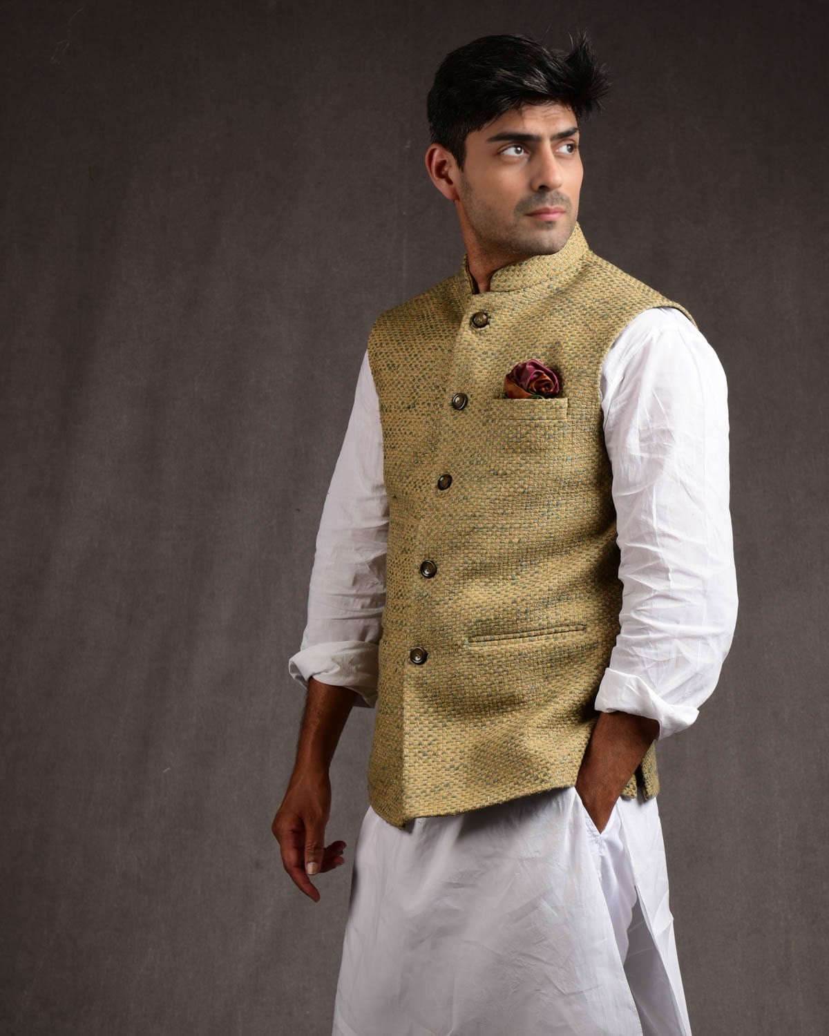 Beige Banarasi Handwoven Jute Cotton Slim Fit Mens Modi Jacket-HolyWeaves