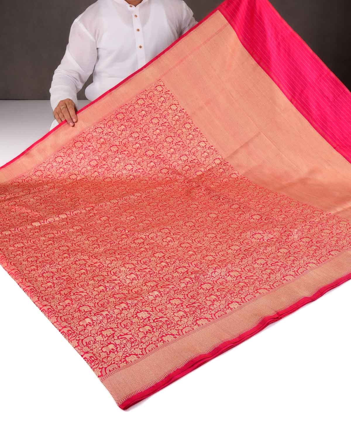 Shot Red-Pink Banarasi Lion Giraffe Zebra Elephant Shikargah Brocade Handwoven Katan Silk Saree-HolyWeaves