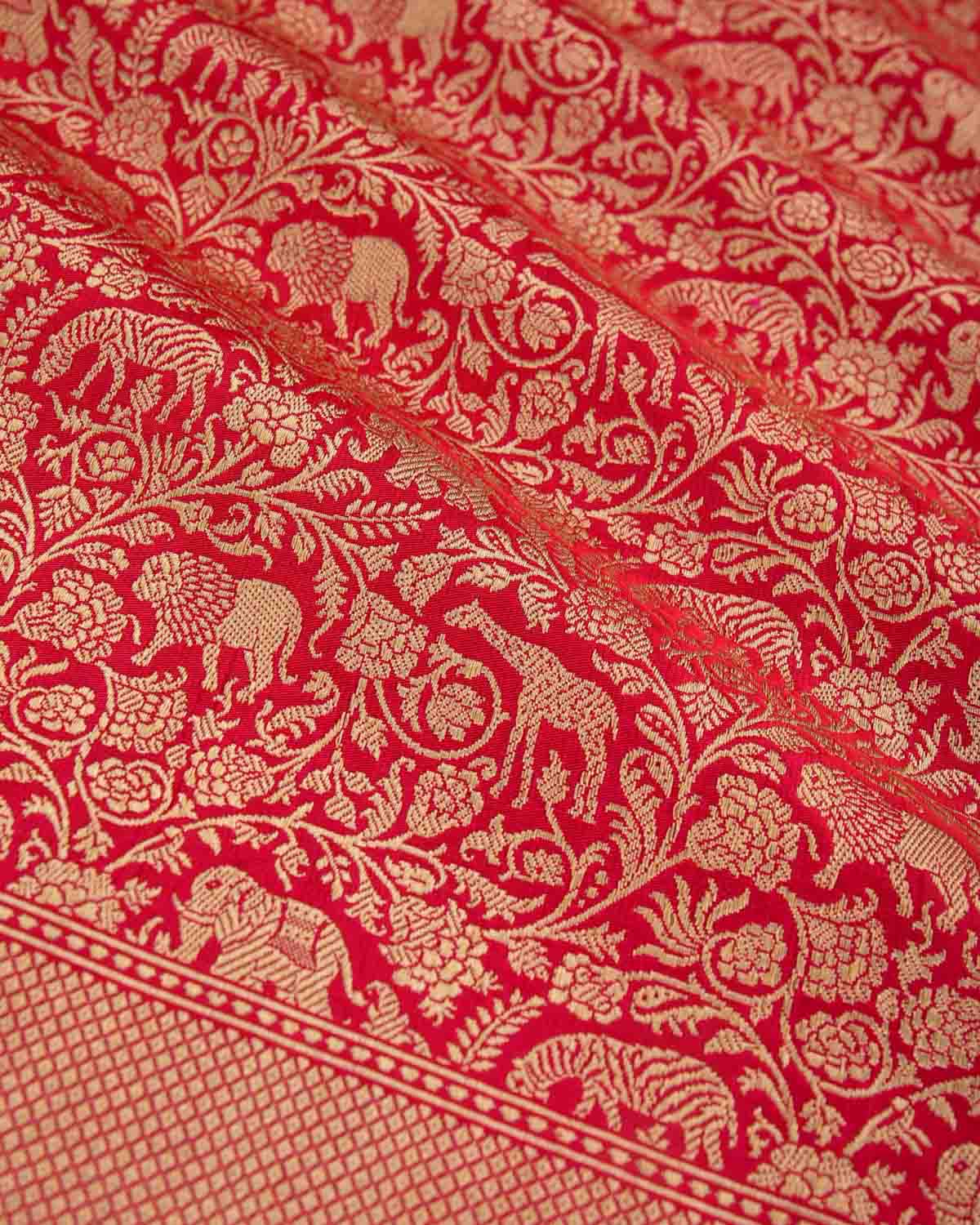 Shot Red-Pink Banarasi Lion Giraffe Zebra Elephant Shikargah Brocade Handwoven Katan Silk Saree-HolyWeaves