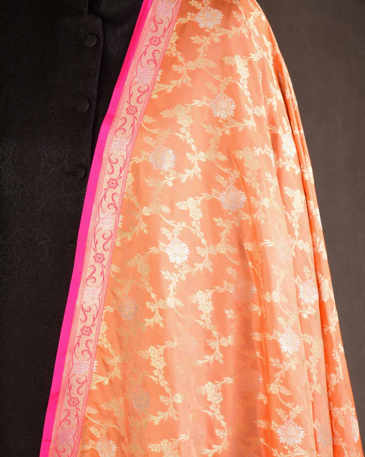 Shot Peach Banarasi Gold & Silver Zari Alfi Floral Jaal Cutwork Brocade Handwoven Katan Silk Dupatta-HolyWeaves