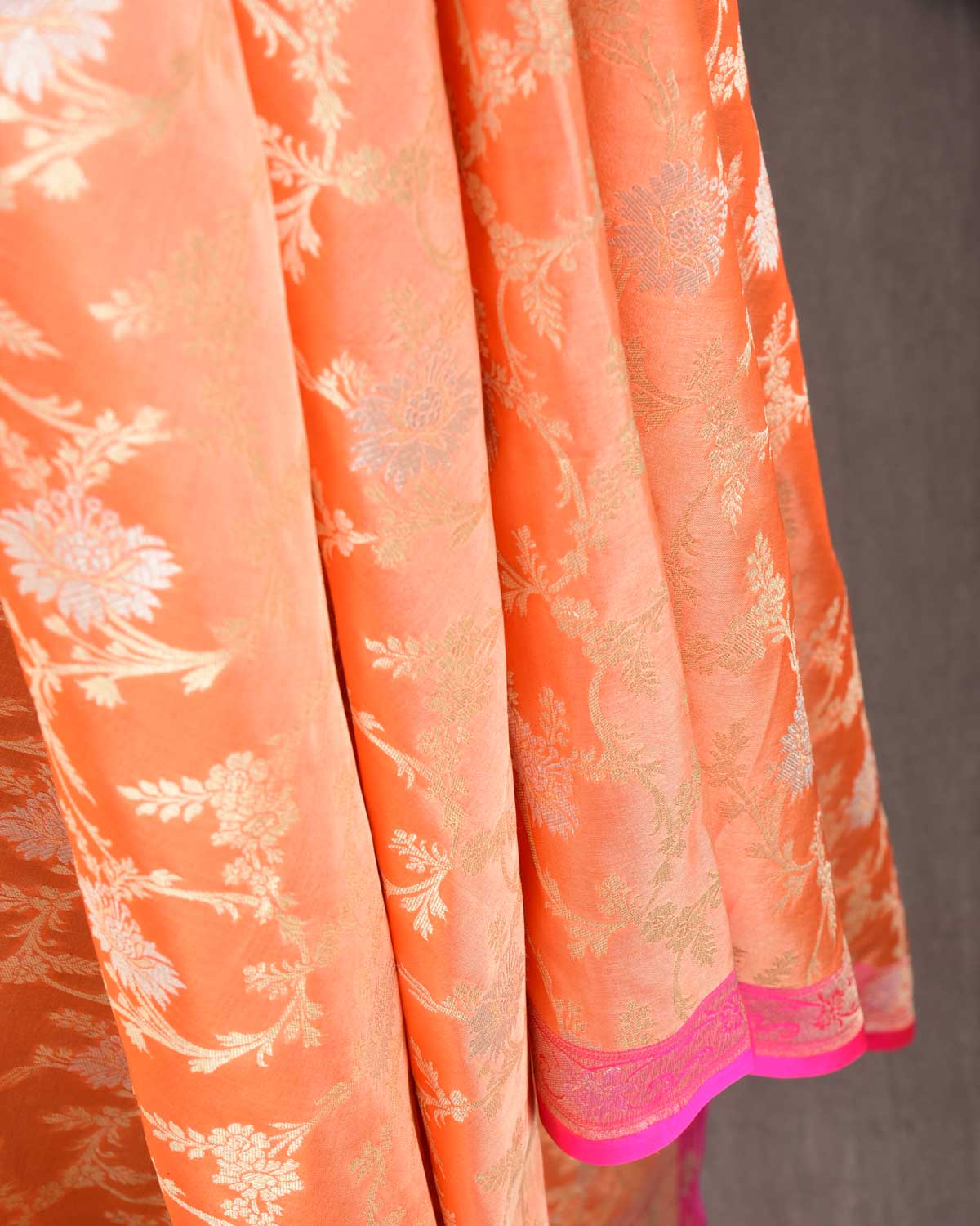 Shot Peach Banarasi Gold & Silver Zari Alfi Floral Jaal Cutwork Brocade Handwoven Katan Silk Dupatta-HolyWeaves