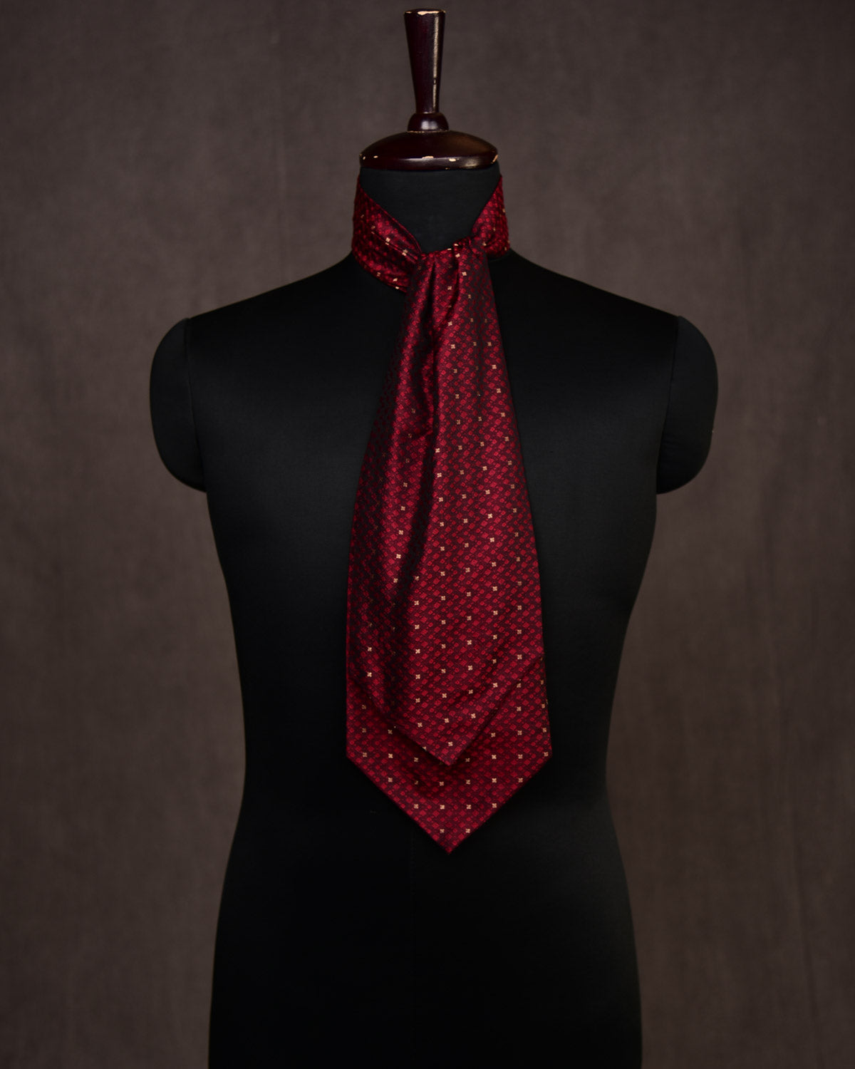 Midnight Maroon Tanchoi Premium Silk Ascot Tie with Gold Zari Accents-HolyWeaves