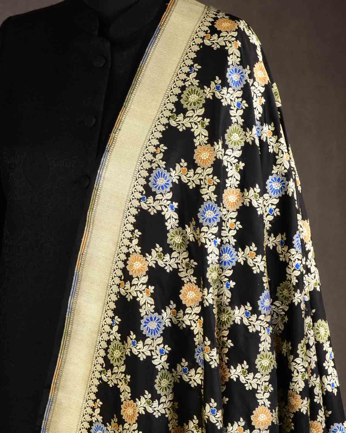 Black Banarasi Gold Zari with Resham Jaal Cutwork Brocade Handwoven Katan Silk Dupatta-HolyWeaves