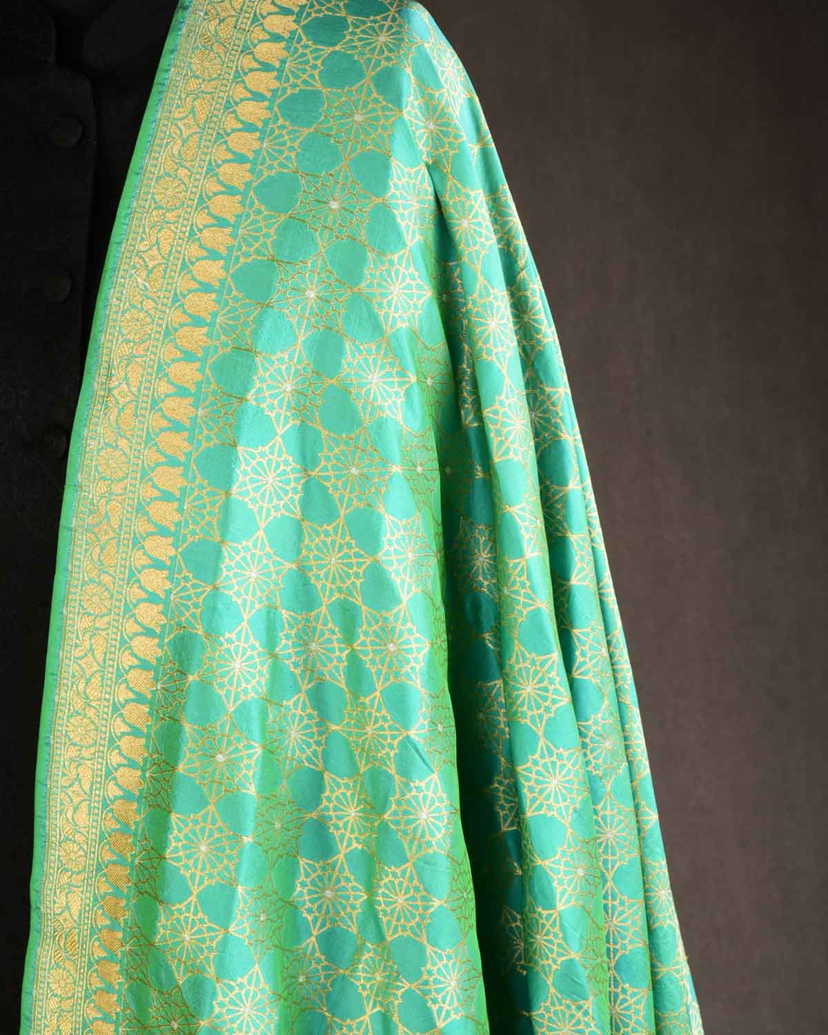 Green Banarasi Alfi Jaal Gold Zari Roopa Meena Cutwork Brocade Handwoven Katan Silk Dupatta-HolyWeaves