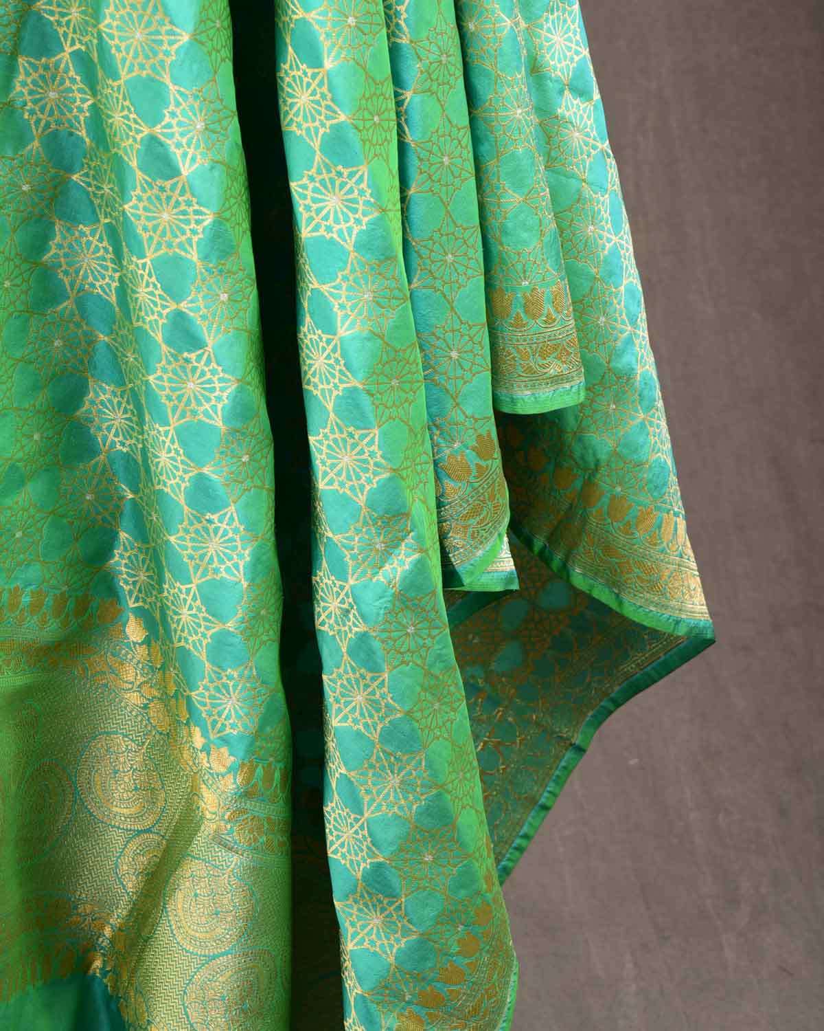 Green Banarasi Alfi Jaal Gold Zari Roopa Meena Cutwork Brocade Handwoven Katan Silk Dupatta-HolyWeaves