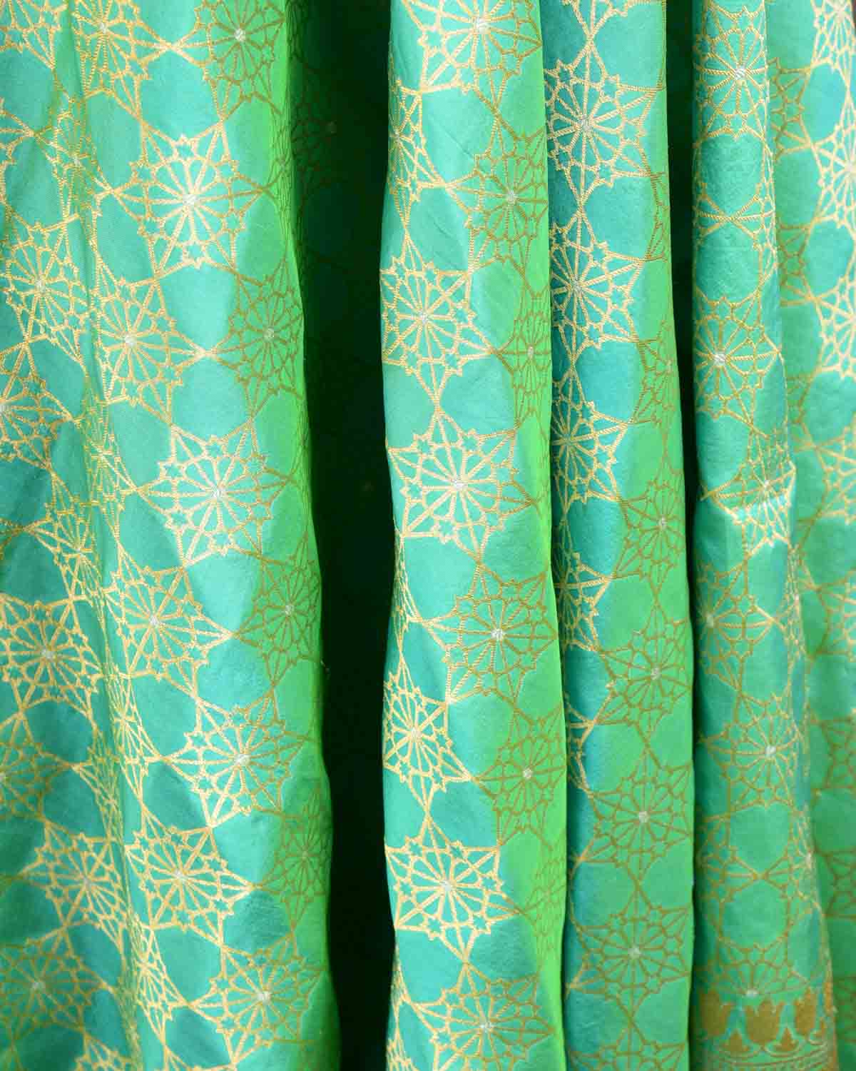 Green Banarasi Alfi Jaal Gold Zari Roopa Meena Cutwork Brocade Handwoven Katan Silk Dupatta-HolyWeaves