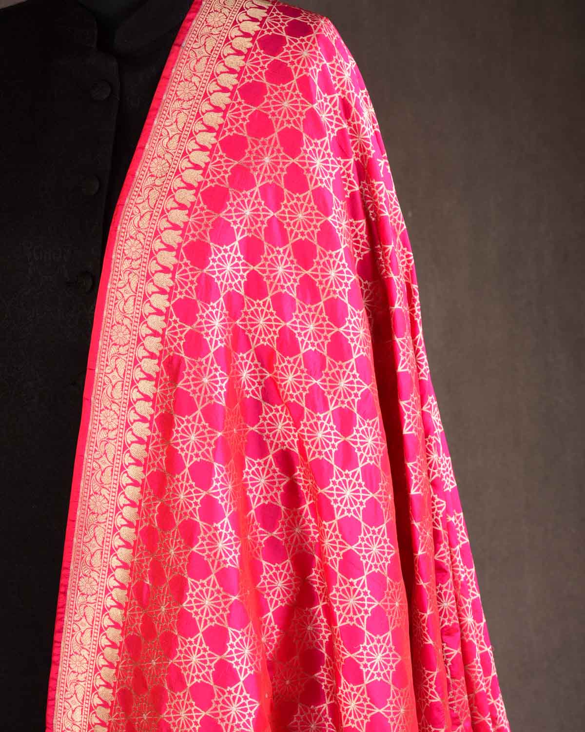 Shot Pink-Red Banarasi Gold & Silver Zari Alfi Geomentric Flowers Cutwork Brocade Handwoven Katan Silk Dupatta-HolyWeaves