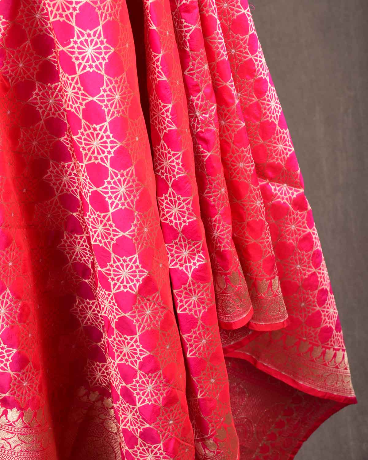 Shot Pink-Red Banarasi Gold & Silver Zari Alfi Geomentric Flowers Cutwork Brocade Handwoven Katan Silk Dupatta-HolyWeaves