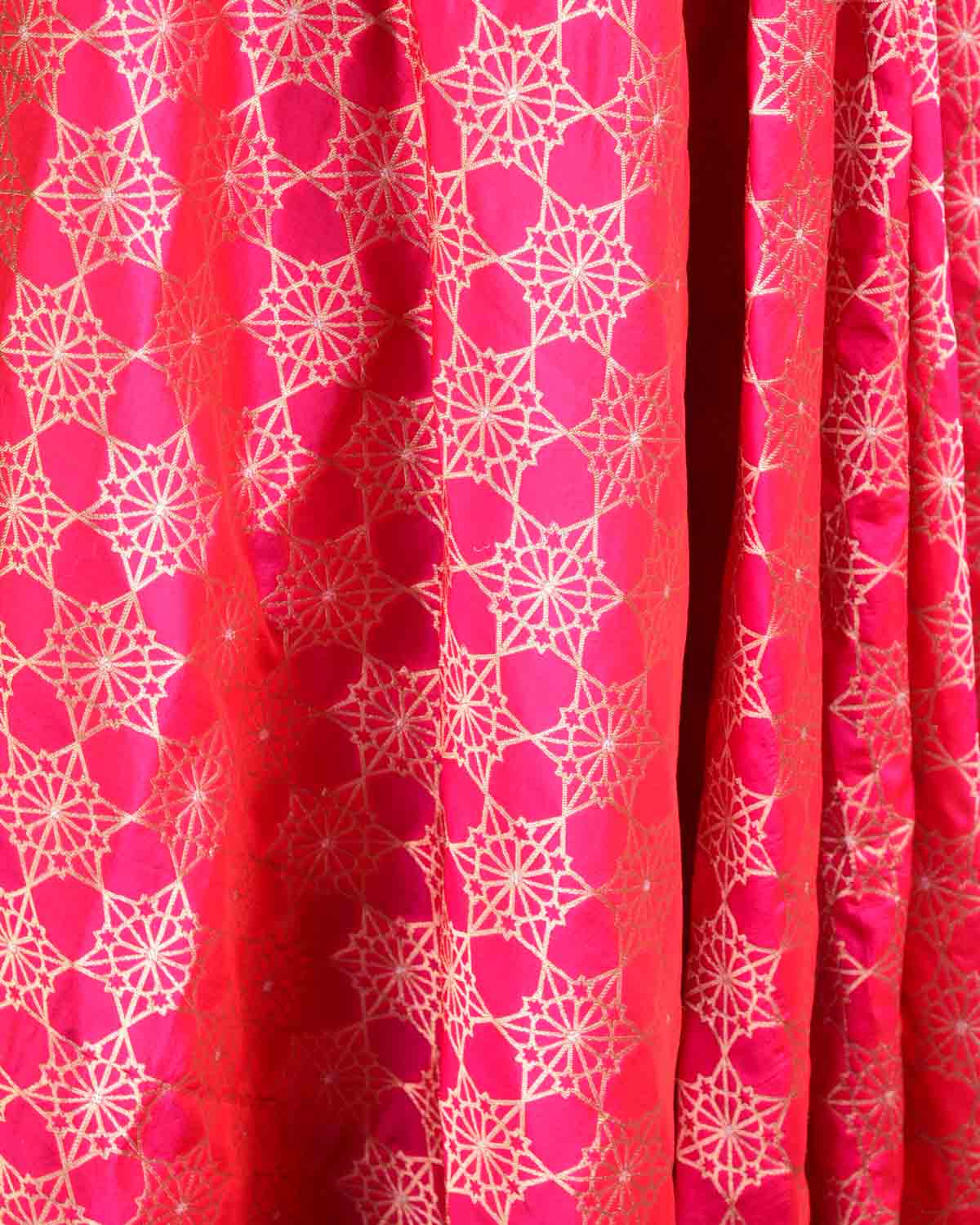 Shot Pink-Red Banarasi Gold & Silver Zari Alfi Geomentric Flowers Cutwork Brocade Handwoven Katan Silk Dupatta-HolyWeaves