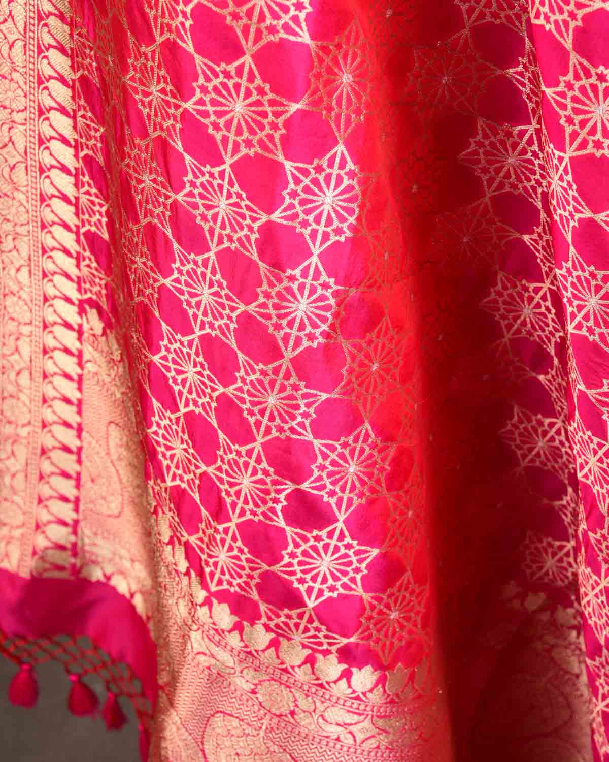 Shot Pink-Red Banarasi Gold & Silver Zari Alfi Geomentric Flowers Cutwork Brocade Handwoven Katan Silk Dupatta-HolyWeaves