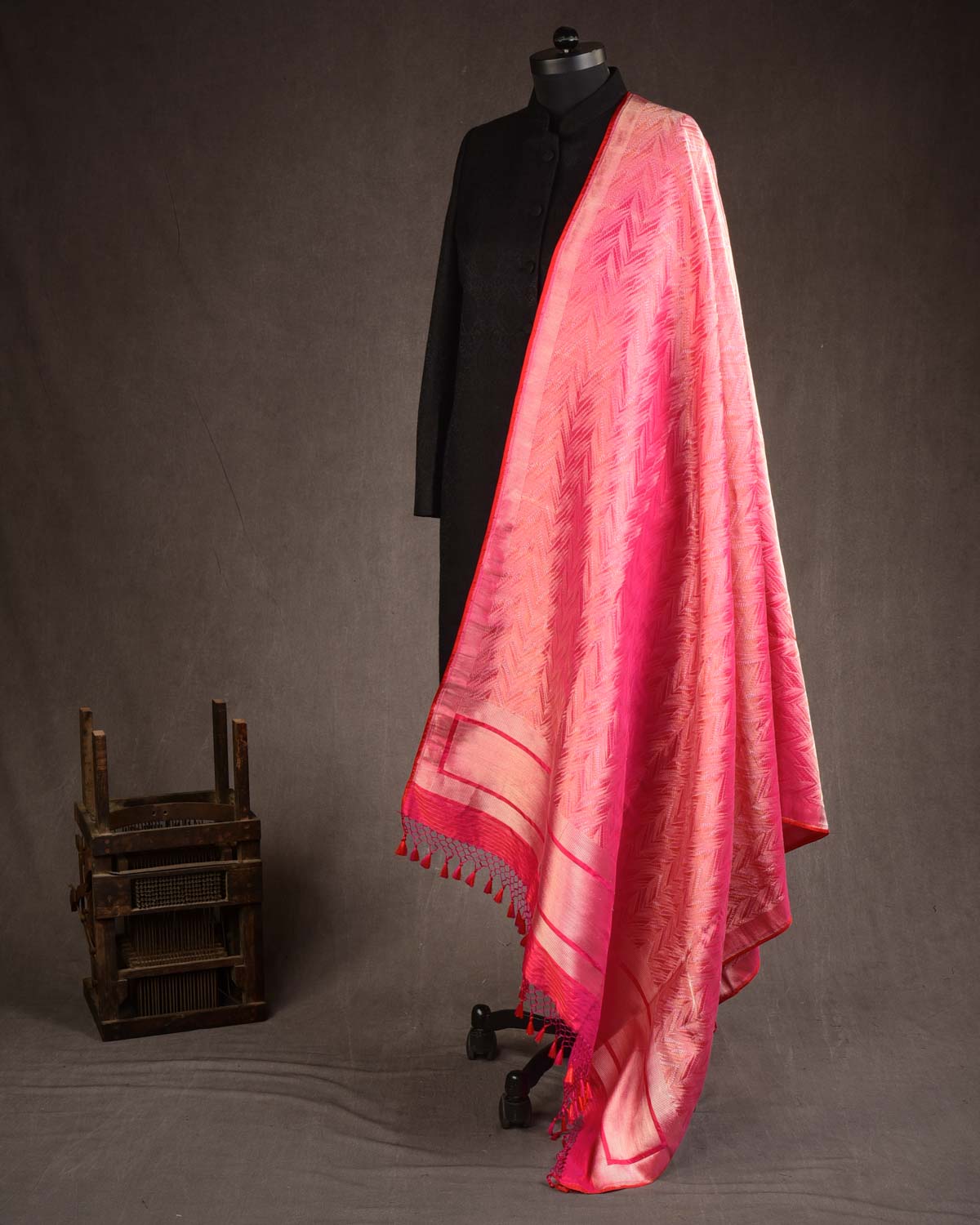 Shot Red-Pink Banarasi Gold & Silver Zari Alfi Chevron Brocade Handwoven Katan Silk Dupatta-HolyWeaves