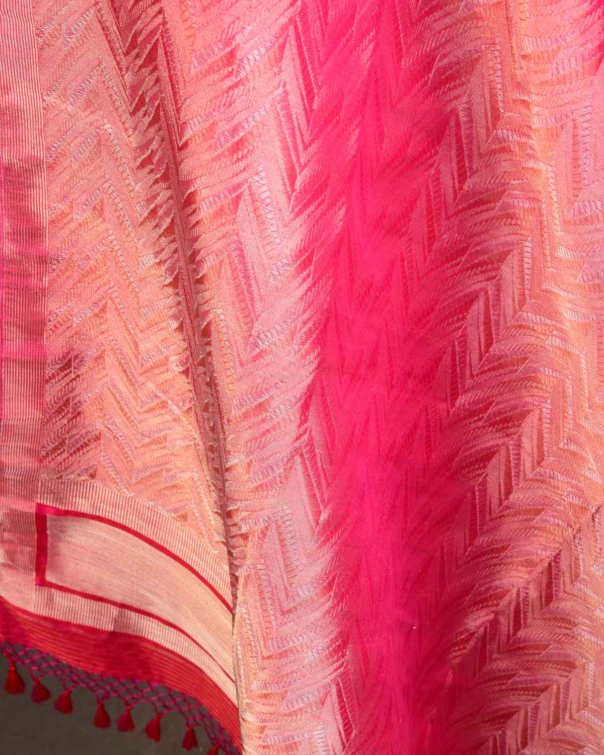 Shot Red-Pink Banarasi Gold & Silver Zari Alfi Chevron Brocade Handwoven Katan Silk Dupatta-HolyWeaves