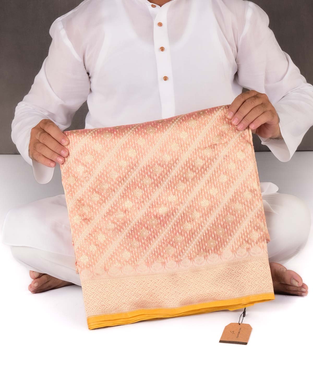 Metallic Peach Banarasi Gold & White Resham Alfi Diagonal Buti Cutwork Brocade Handwoven Cotton Tissue Saree-HolyWeaves