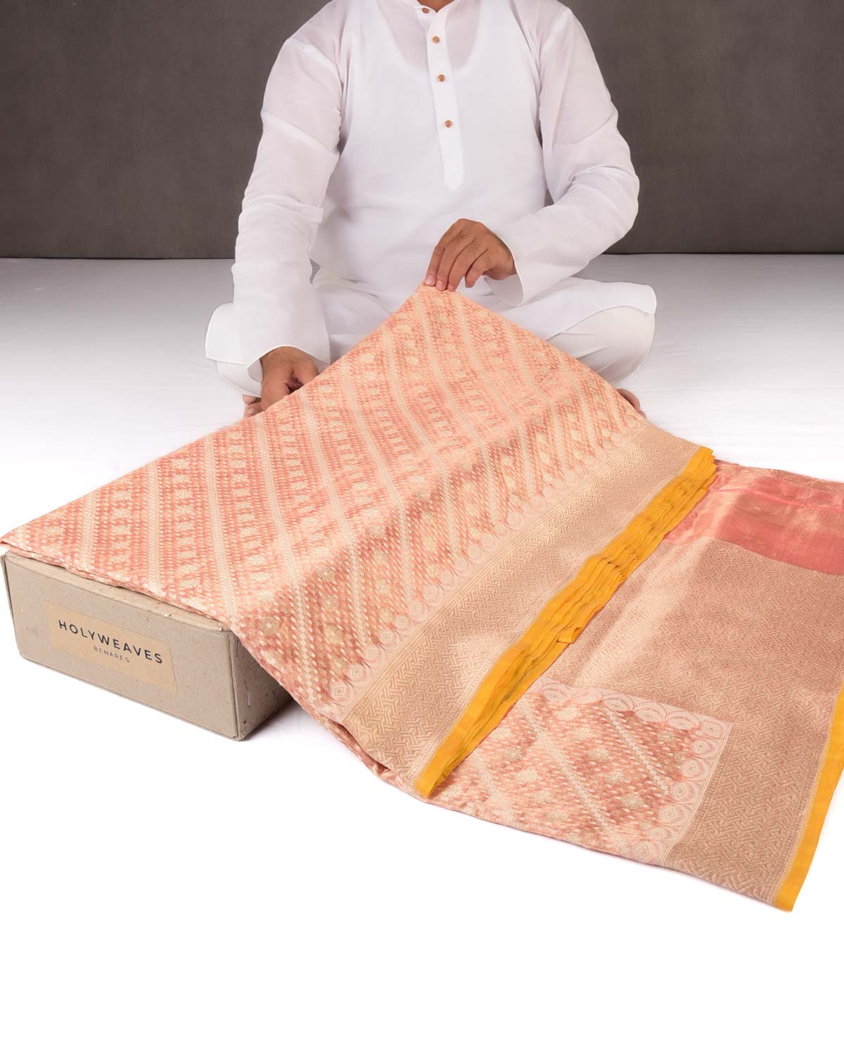 Metallic Peach Banarasi Gold & White Resham Alfi Diagonal Buti Cutwork Brocade Handwoven Cotton Tissue Saree-HolyWeaves