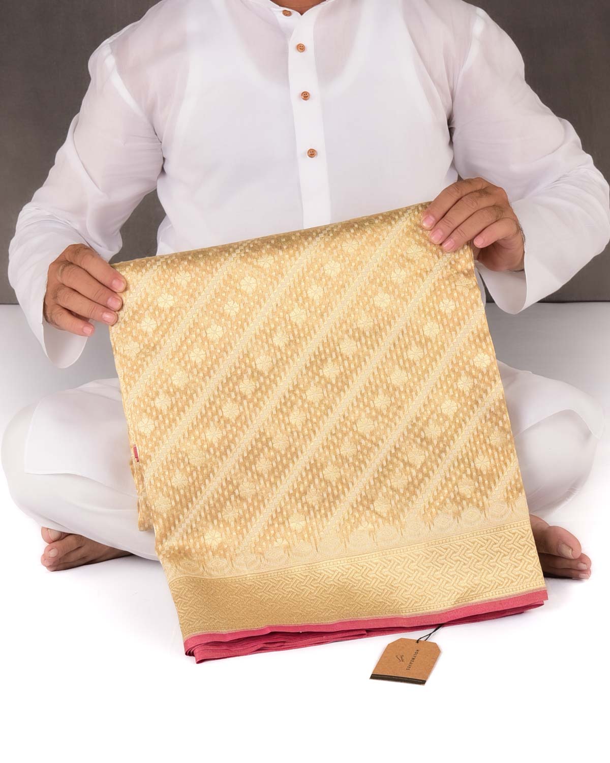 Metallic Gold Banarasi Gold & White Resham Alfi Diagonal Buti Cutwork Brocade Handwoven Cotton Tissue Saree-HolyWeaves