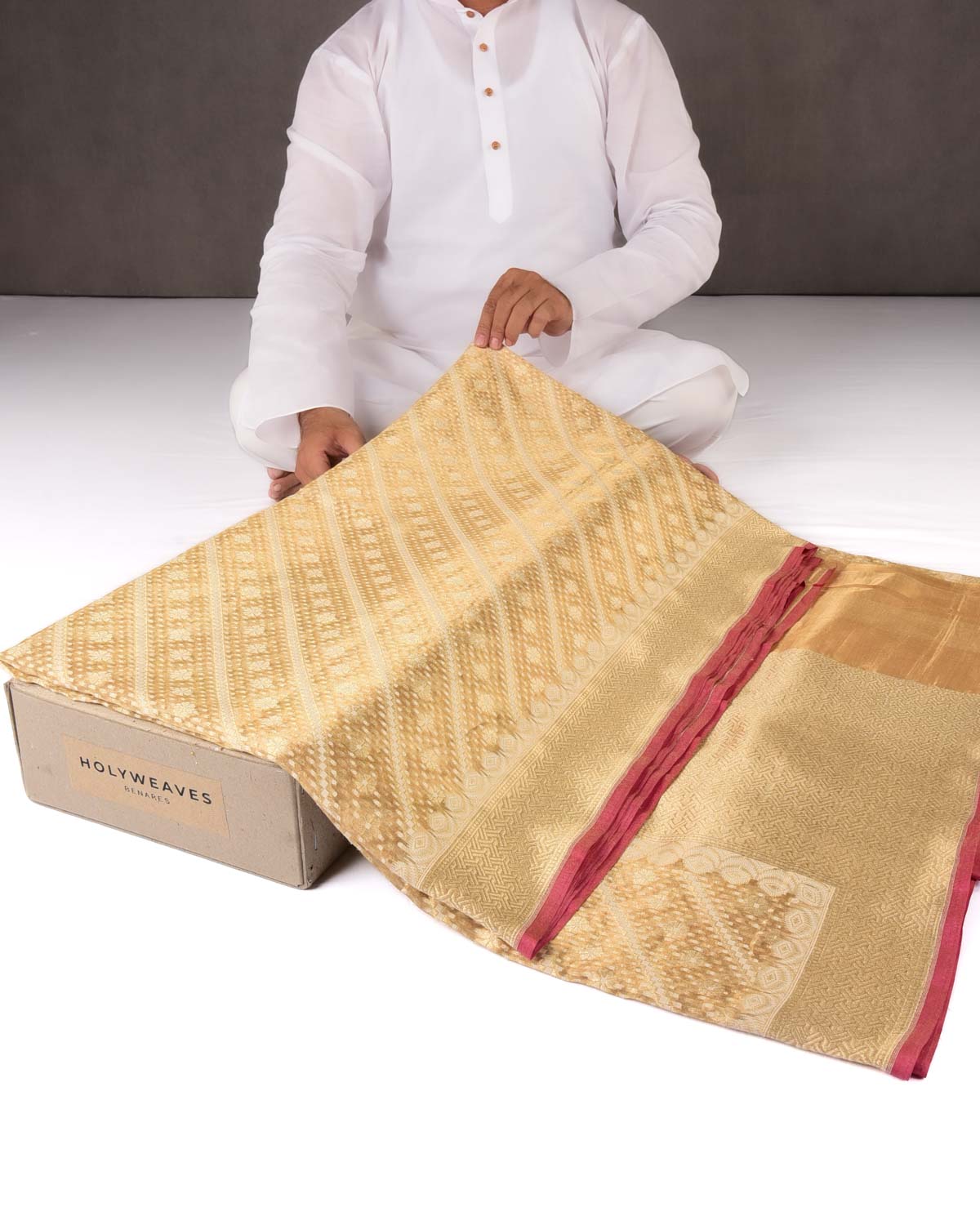 Metallic Gold Banarasi Gold & White Resham Alfi Diagonal Buti Cutwork Brocade Handwoven Cotton Tissue Saree-HolyWeaves