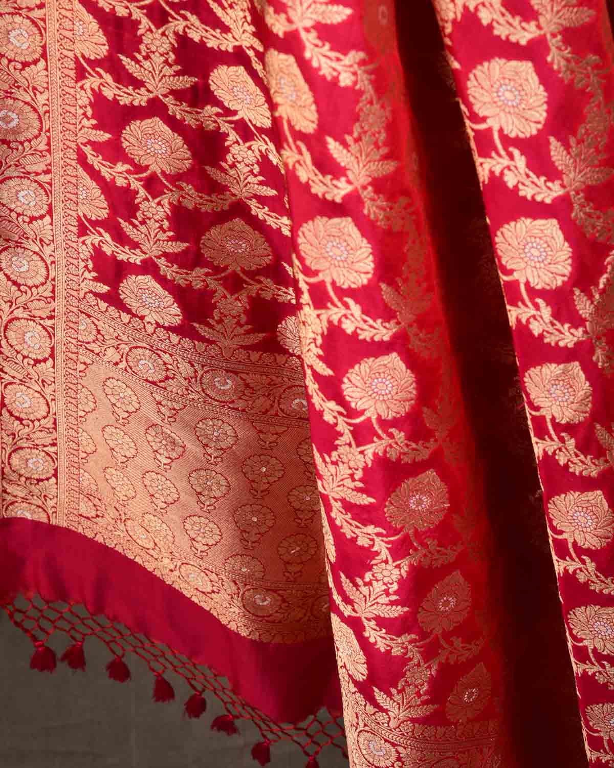 Red Banarasi Alfi Gold & Silver Zari Floral Jaal Cutwork Brocade Handwoven Katan Silk Dupatta-HolyWeaves