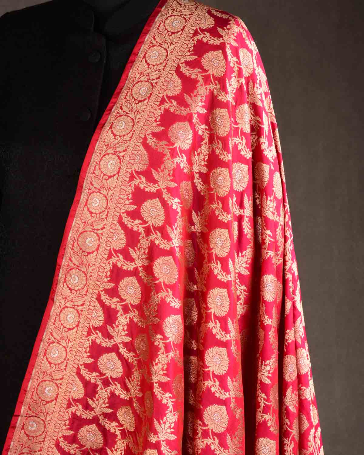 Red Banarasi Alfi Gold & Silver Zari Floral Jaal Cutwork Brocade Handwoven Katan Silk Dupatta-HolyWeaves