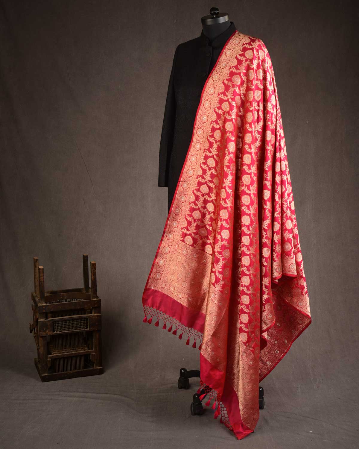 Red Banarasi Alfi Gold & Silver Zari Floral Jaal Cutwork Brocade Handwoven Katan Silk Dupatta-HolyWeaves