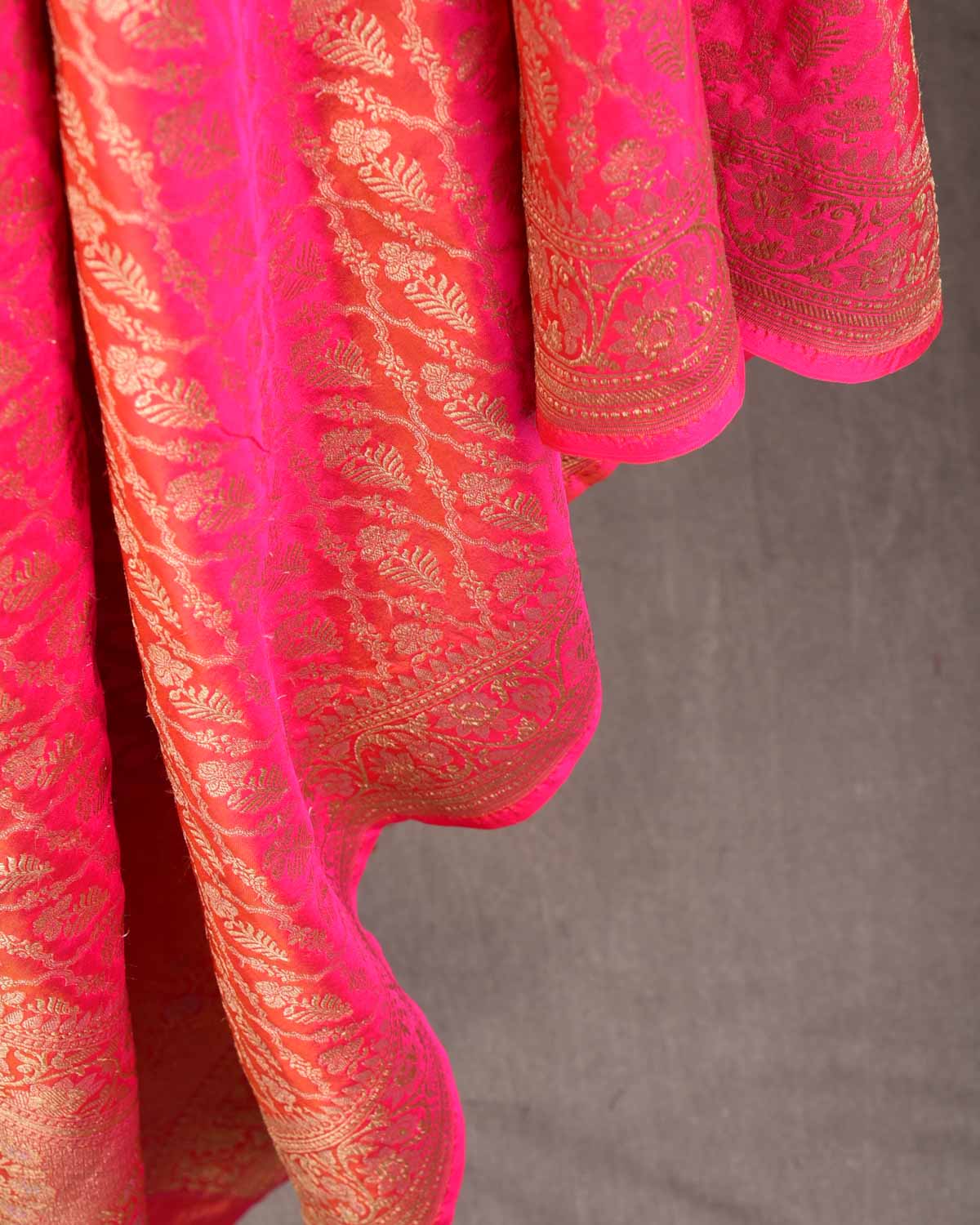 Shot Peach Banarasi Gold Zari Jangla Cutwork Brocade Handwoven Katan Silk Dupatta with Koniya Buta-HolyWeaves