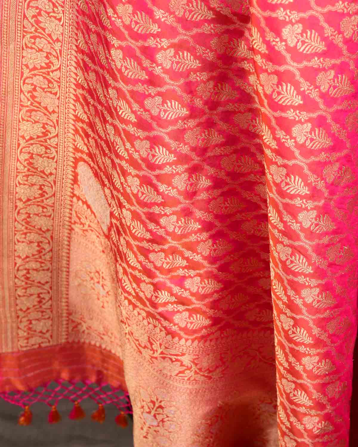 Shot Peach Banarasi Gold Zari Jangla Cutwork Brocade Handwoven Katan Silk Dupatta with Koniya Buta-HolyWeaves