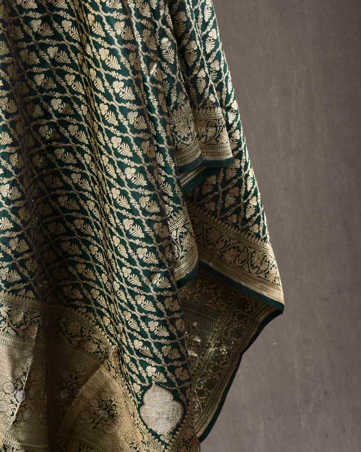 Sacramento Green Banarasi Gold Zari Jangla Cutwork Brocade Handwoven Katan Silk Dupatta with Koniya Buta-HolyWeaves