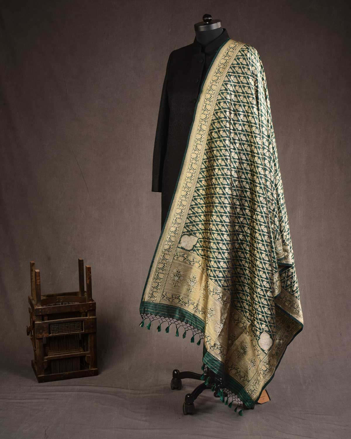 Sacramento Green Banarasi Gold Zari Jangla Cutwork Brocade Handwoven Katan Silk Dupatta with Koniya Buta-HolyWeaves