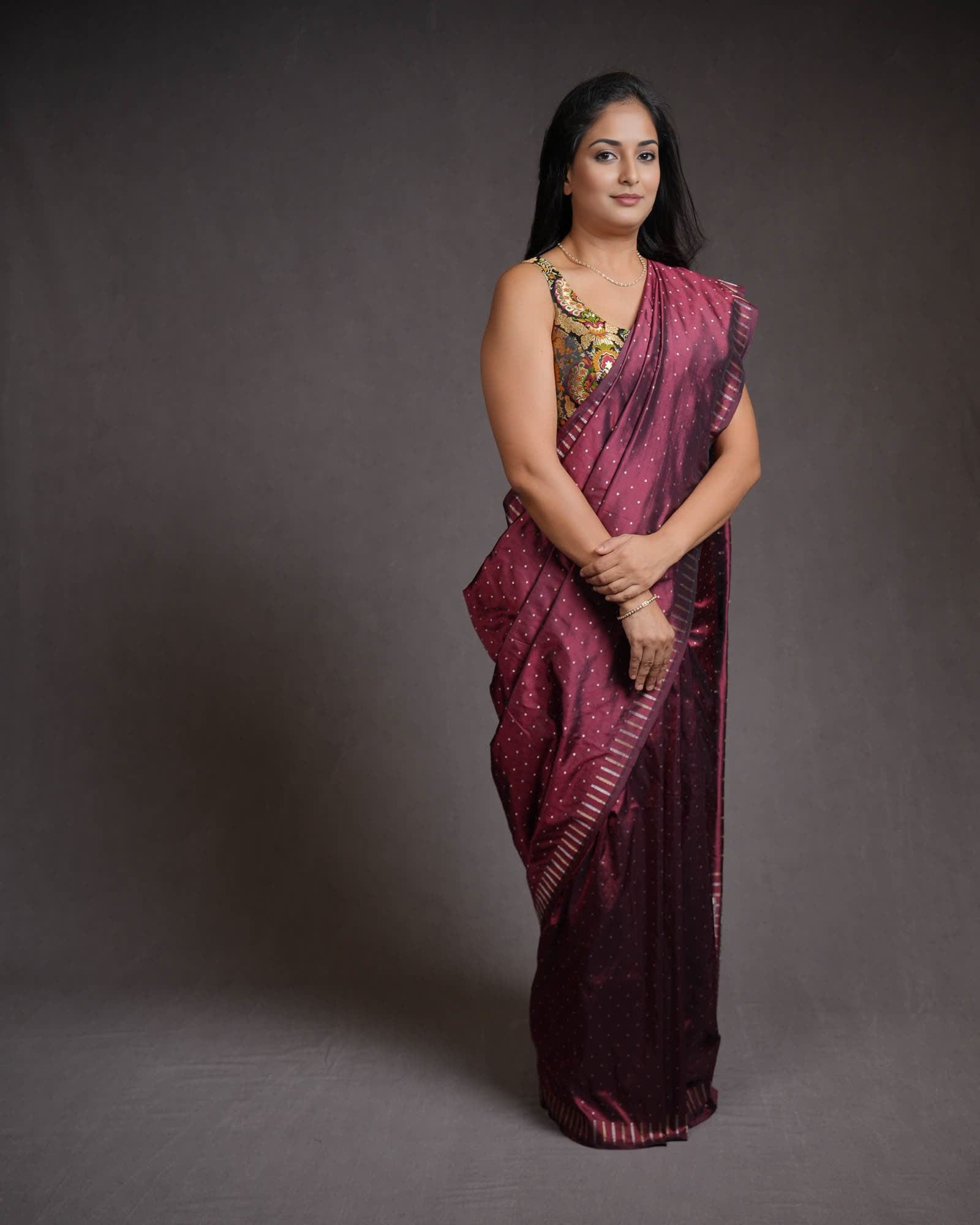 Maroon Banarasi Gold & Silver Zari Polka Buti Cutwork Brocade Handwoven Katan Silk Saree with Geeta Shlok Blouse-HolyWeaves