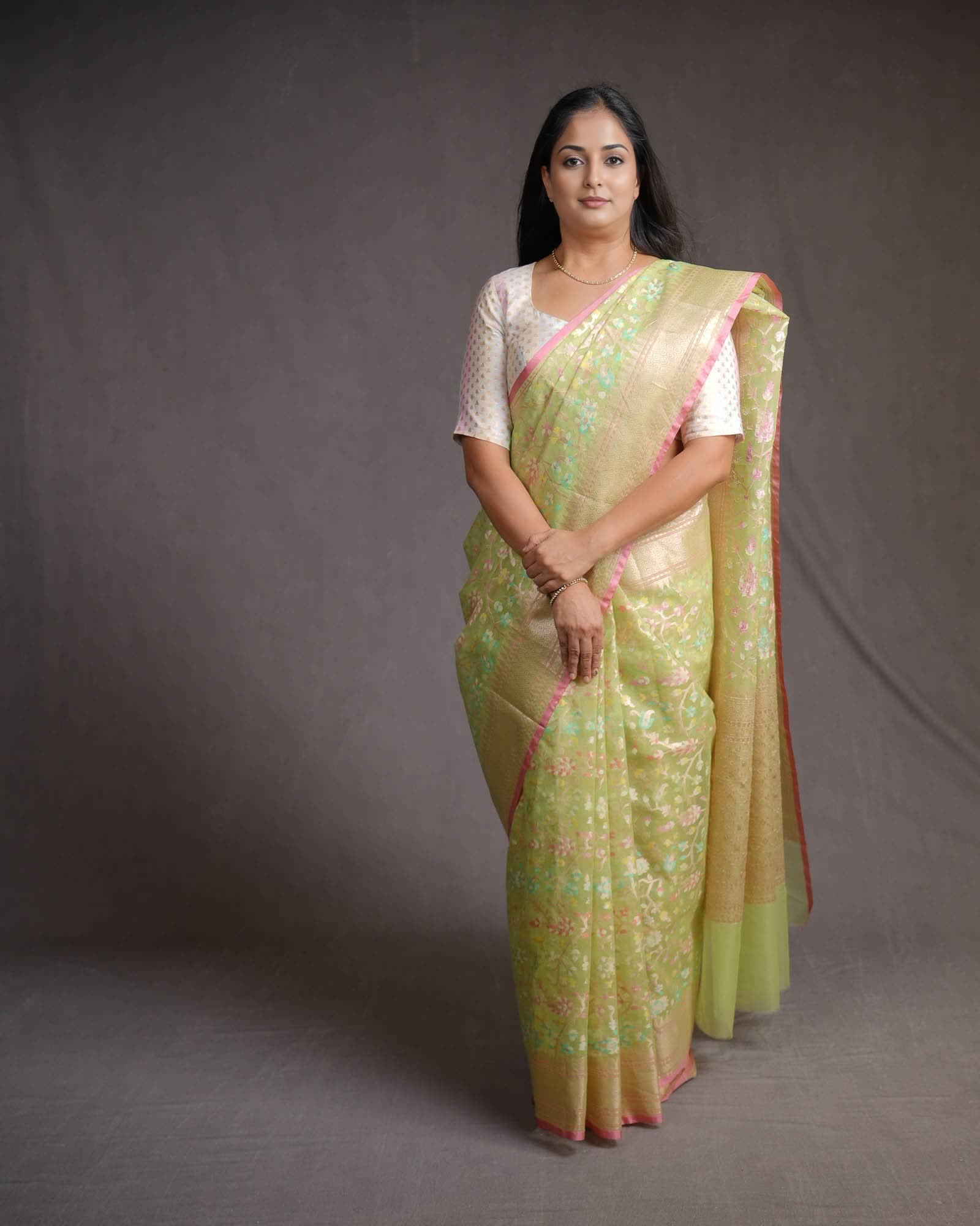 Lime Green Banarasi Gold Zari & Meenekari Paisley Jaal Cutwork Brocade Woven Art Kora Silk Saree-HolyWeaves