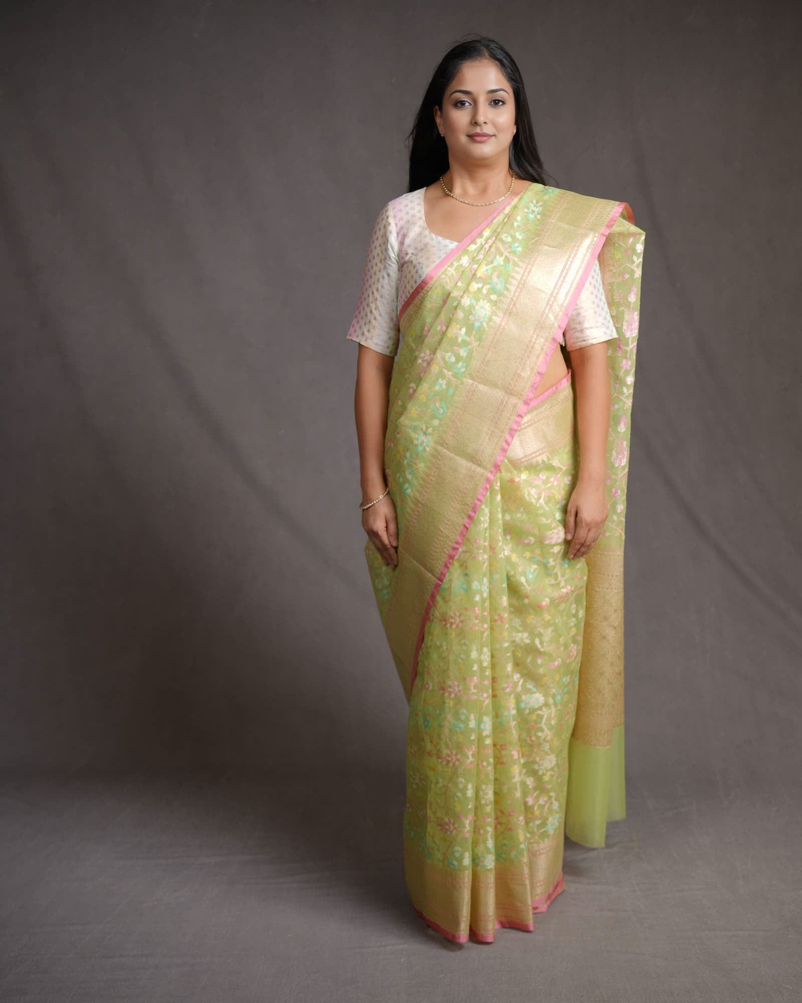 Lime Green Banarasi Gold Zari & Meenekari Paisley Jaal Cutwork Brocade Woven Art Kora Silk Saree-HolyWeaves