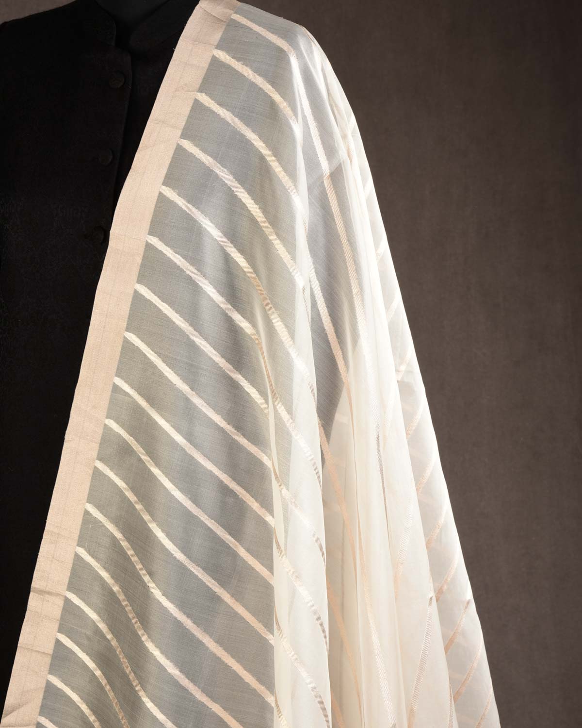 White Banarasi Gold Zari Diagonal Stripes Cutwork Brocade Handwoven Kora Silk Dupatta-HolyWeaves