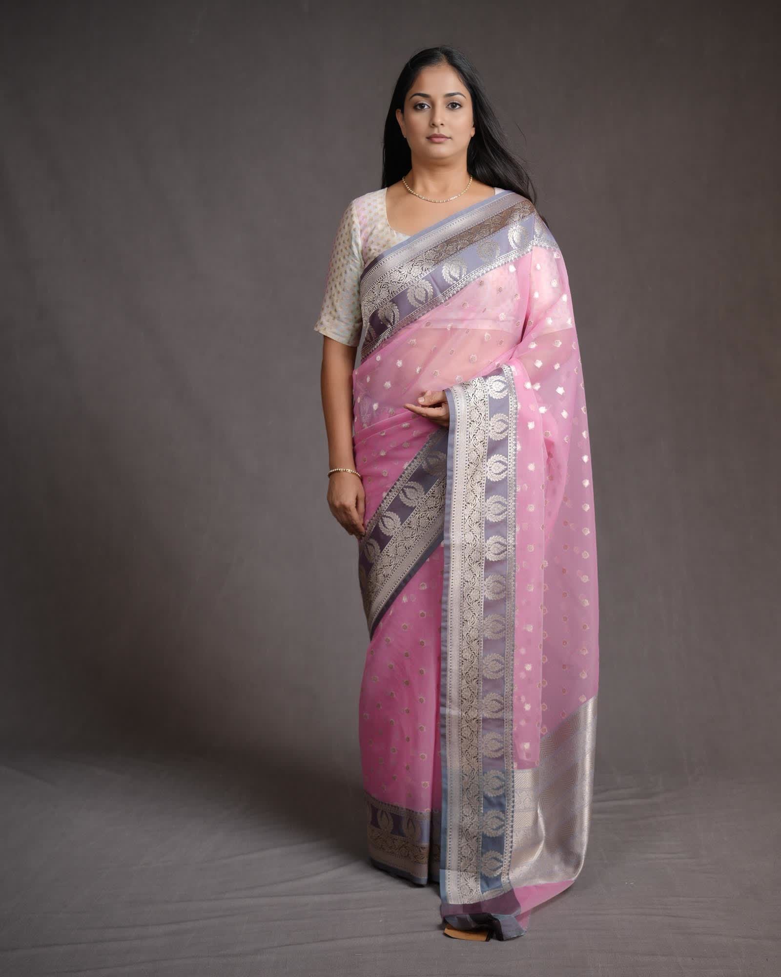 Pink Banarasi Gold Zari Buti Cutwork Brocade Woven Art Kora Silk Saree with Contrast Grey Border Pallu-HolyWeaves