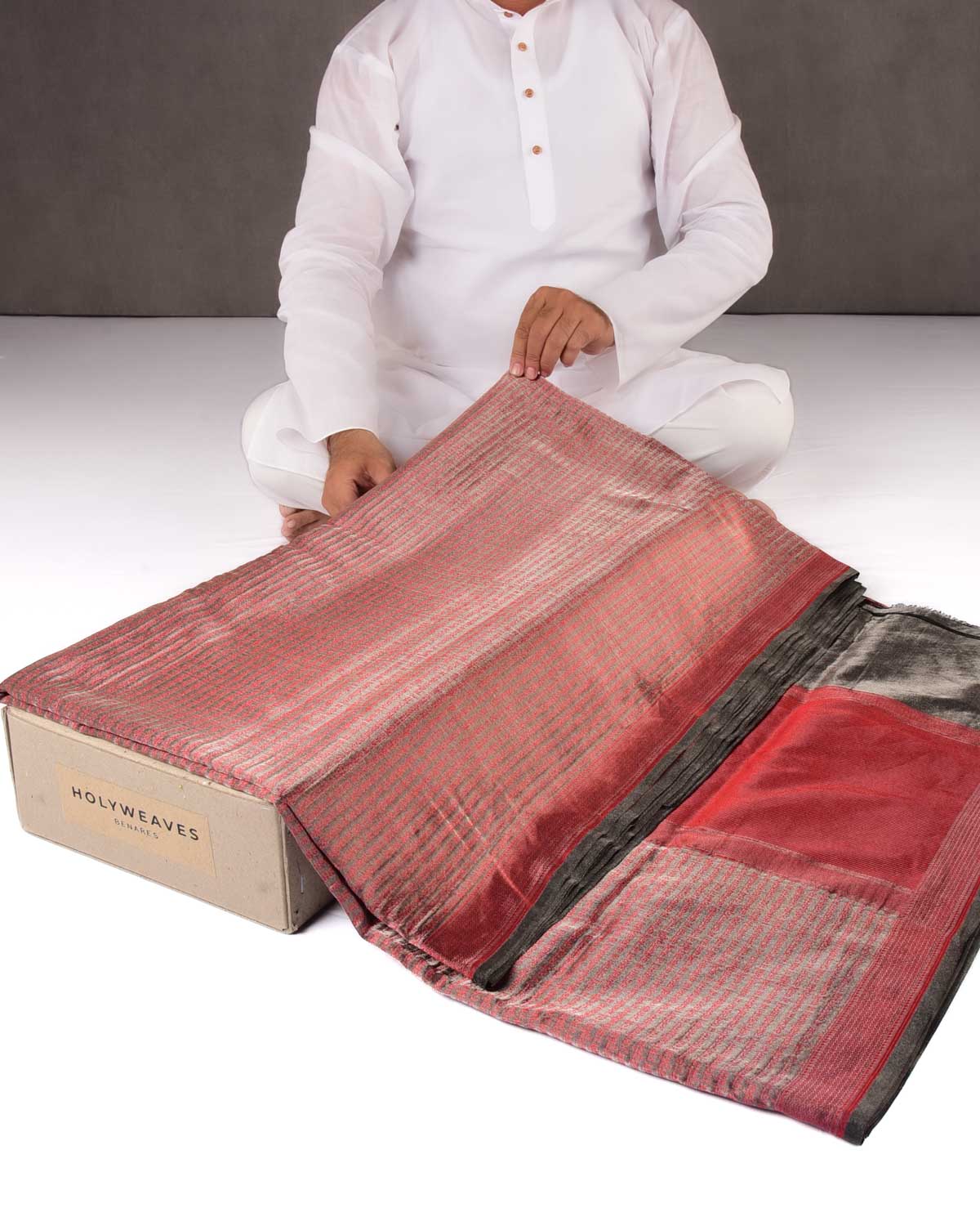 Metallic Gray Banarasi Red Resham Geeta Shlok 2.47 Brocade Handwoven Katan Tissue Saree-HolyWeaves