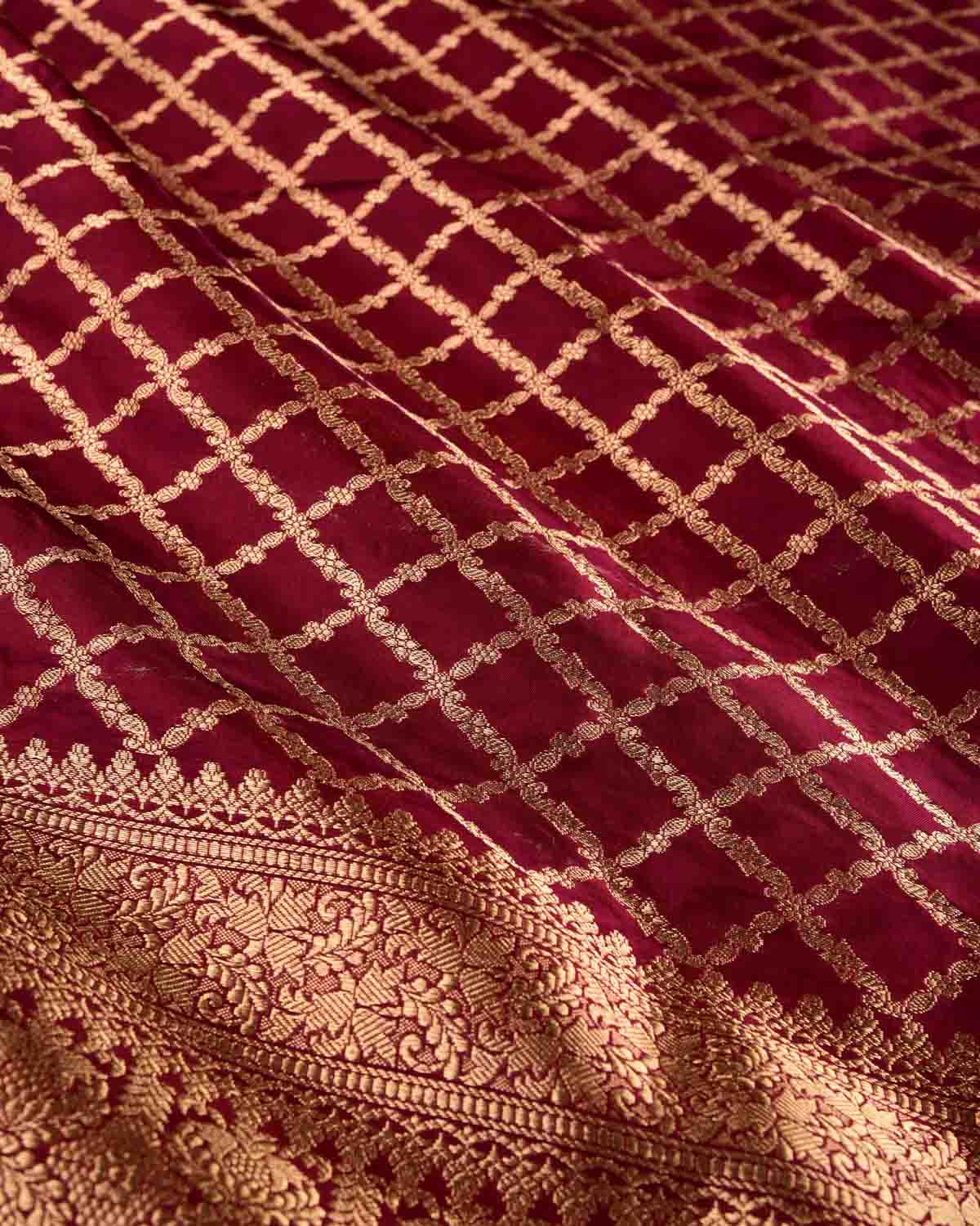 Maroon Banarasi Gold Zari Grids Cutwork Brocade Handwoven Katan Silk Dupatta-HolyWeaves