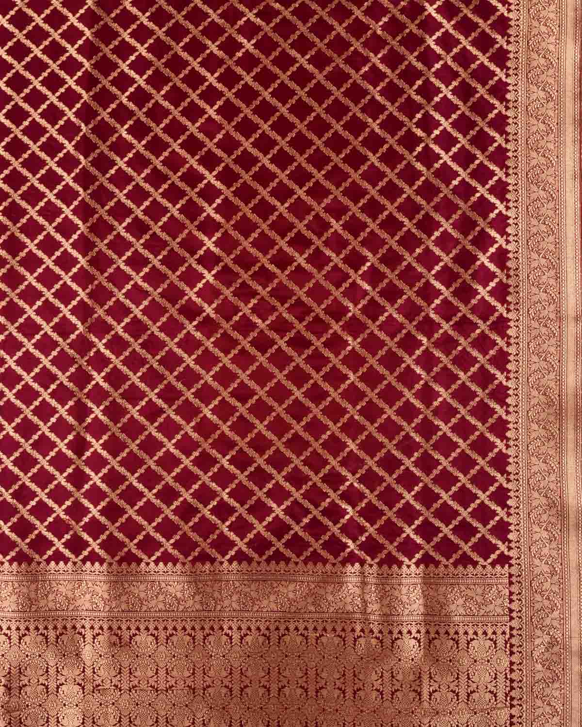 Maroon Banarasi Gold Zari Grids Cutwork Brocade Handwoven Katan Silk Dupatta-HolyWeaves