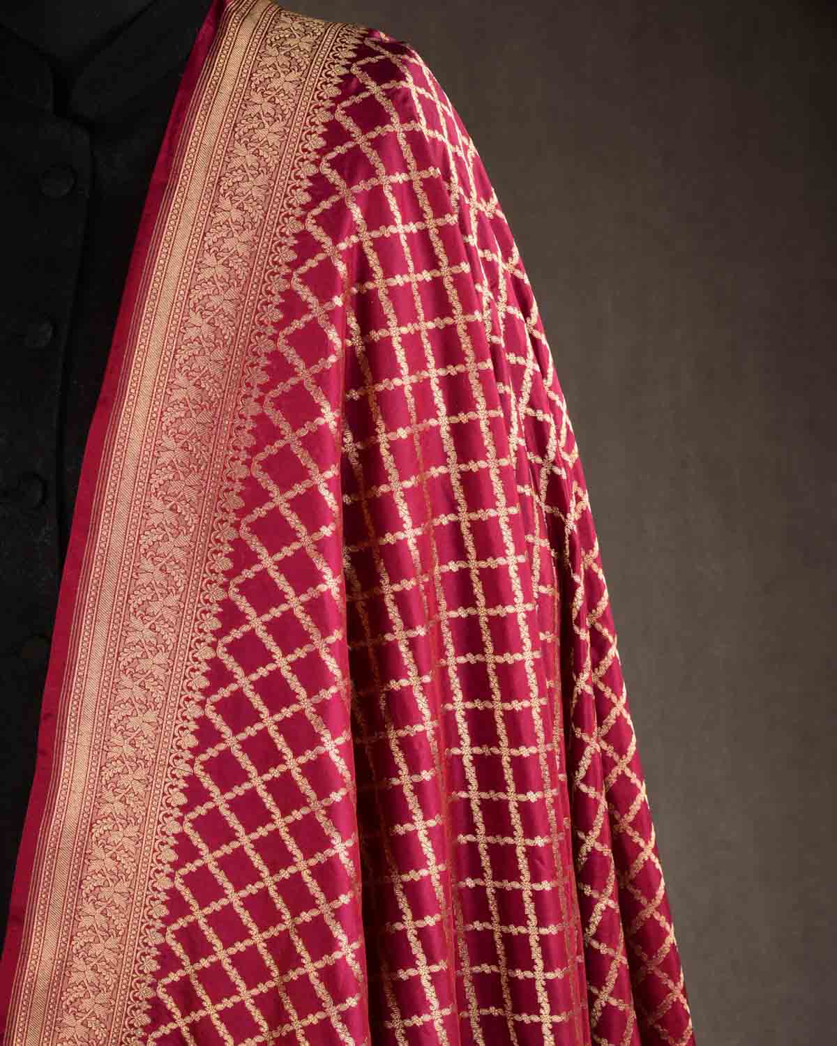 Maroon Banarasi Gold Zari Grids Cutwork Brocade Handwoven Katan Silk Dupatta-HolyWeaves