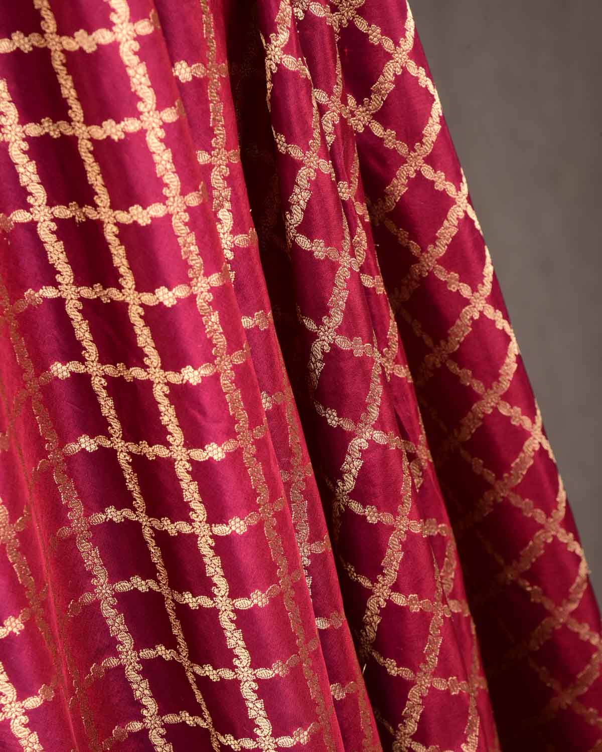 Maroon Banarasi Gold Zari Grids Cutwork Brocade Handwoven Katan Silk Dupatta-HolyWeaves